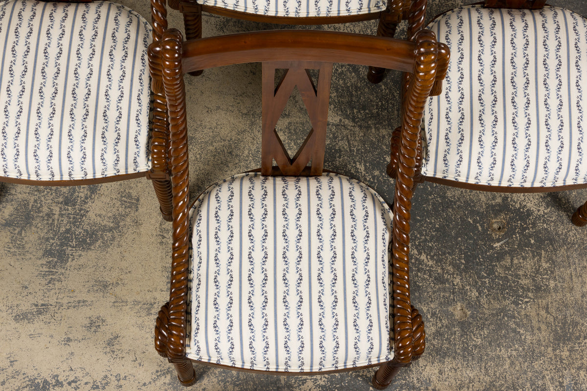 Napoleon III Style Faux Rope Mahogany Gondola Dining Chairs In Caspian Blue Stripe - Set of 12