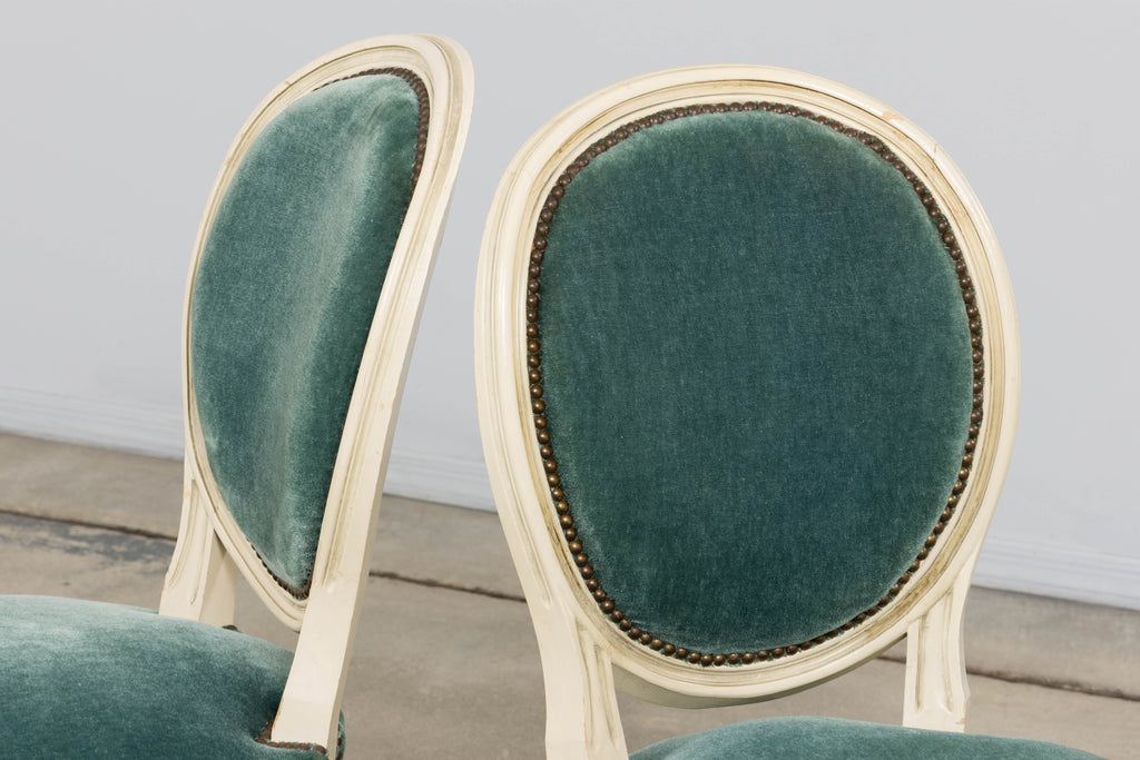 Antique French Louis XVI Style Painted Dining Chairs in Teal Mohair - Set of 8