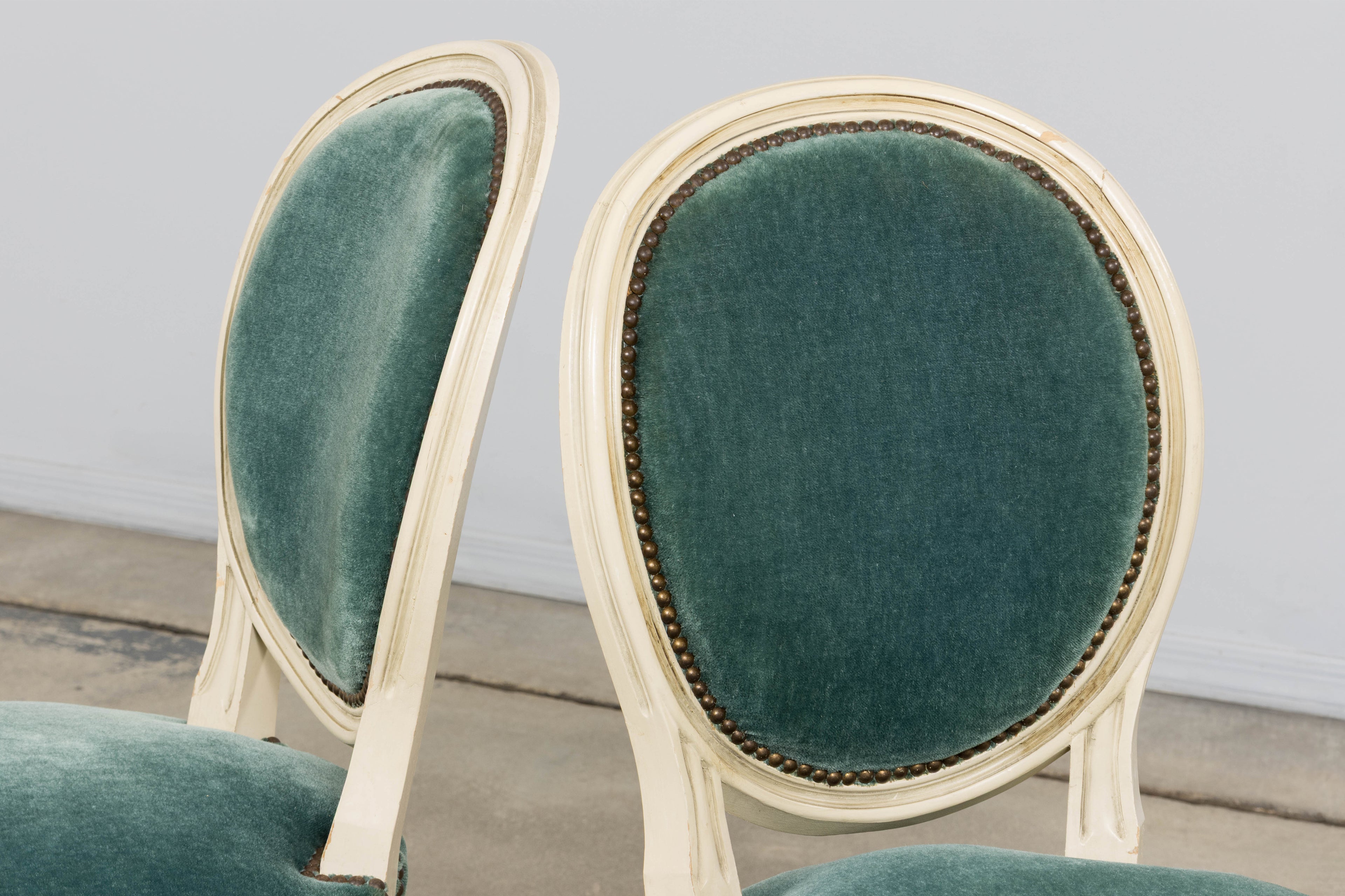 Antique French Louis XVI Style Painted Dining Chairs in Teal Mohair - Set of 8