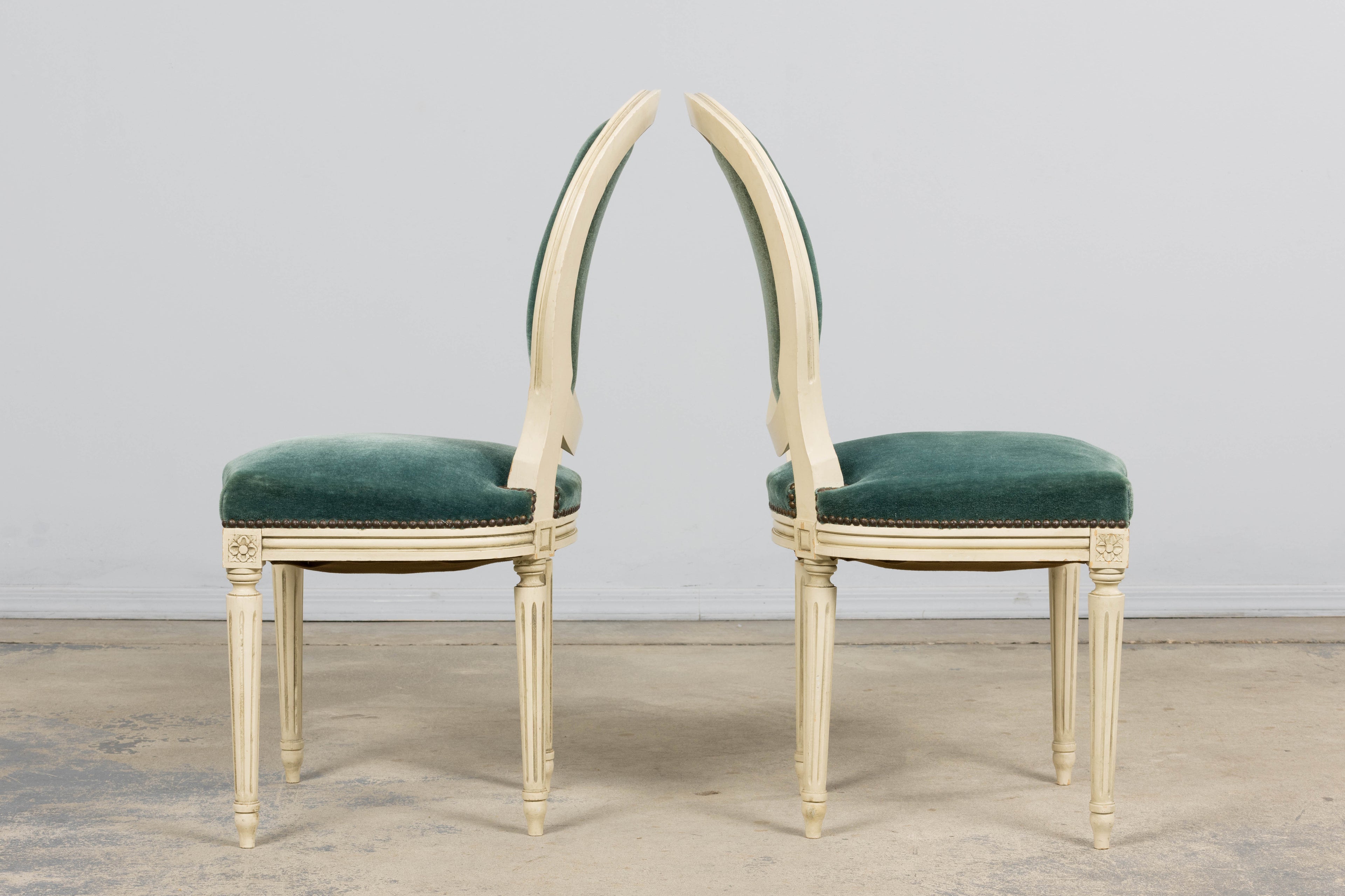 Antique French Louis XVI Style Painted Dining Chairs in Teal Mohair - Set of 8