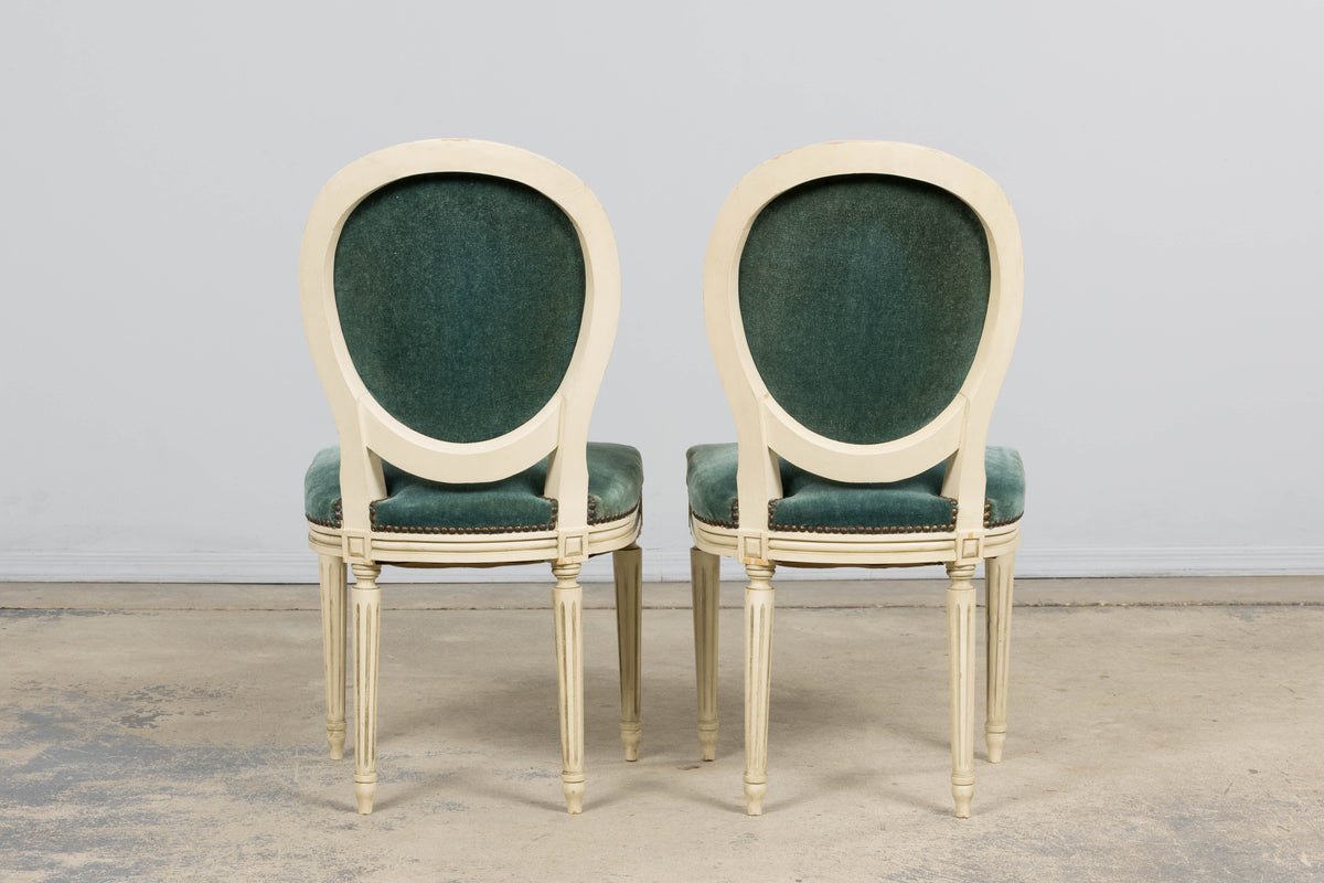 Antique French Louis XVI Style Painted Dining Chairs in Teal Mohair - Set of 8