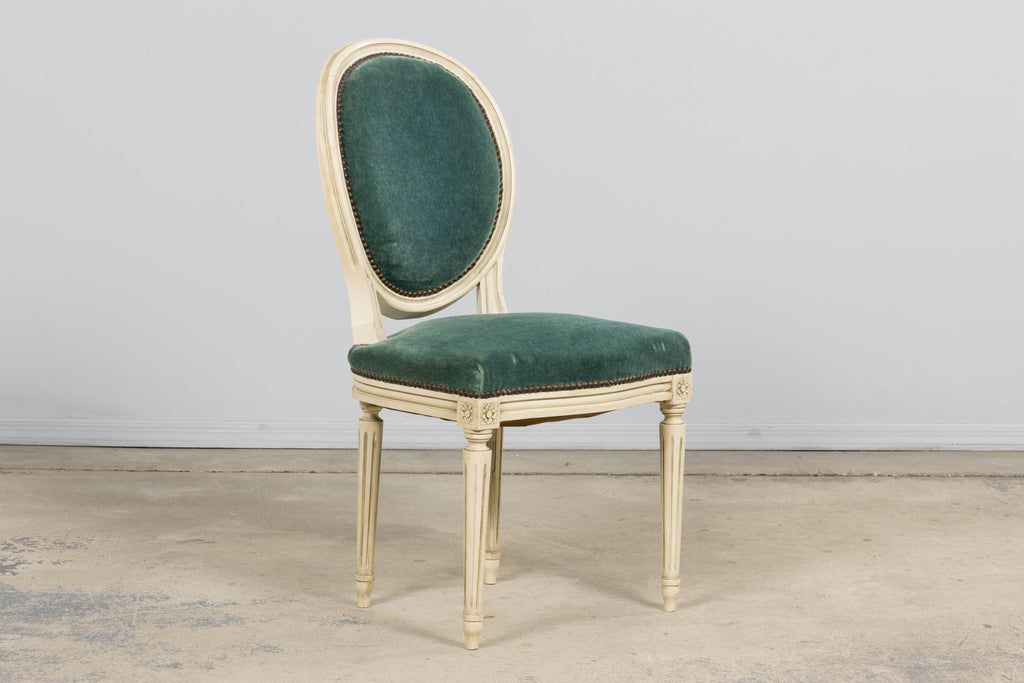Antique French Louis XVI Style Painted Dining Chairs in Teal Mohair - Set of 8