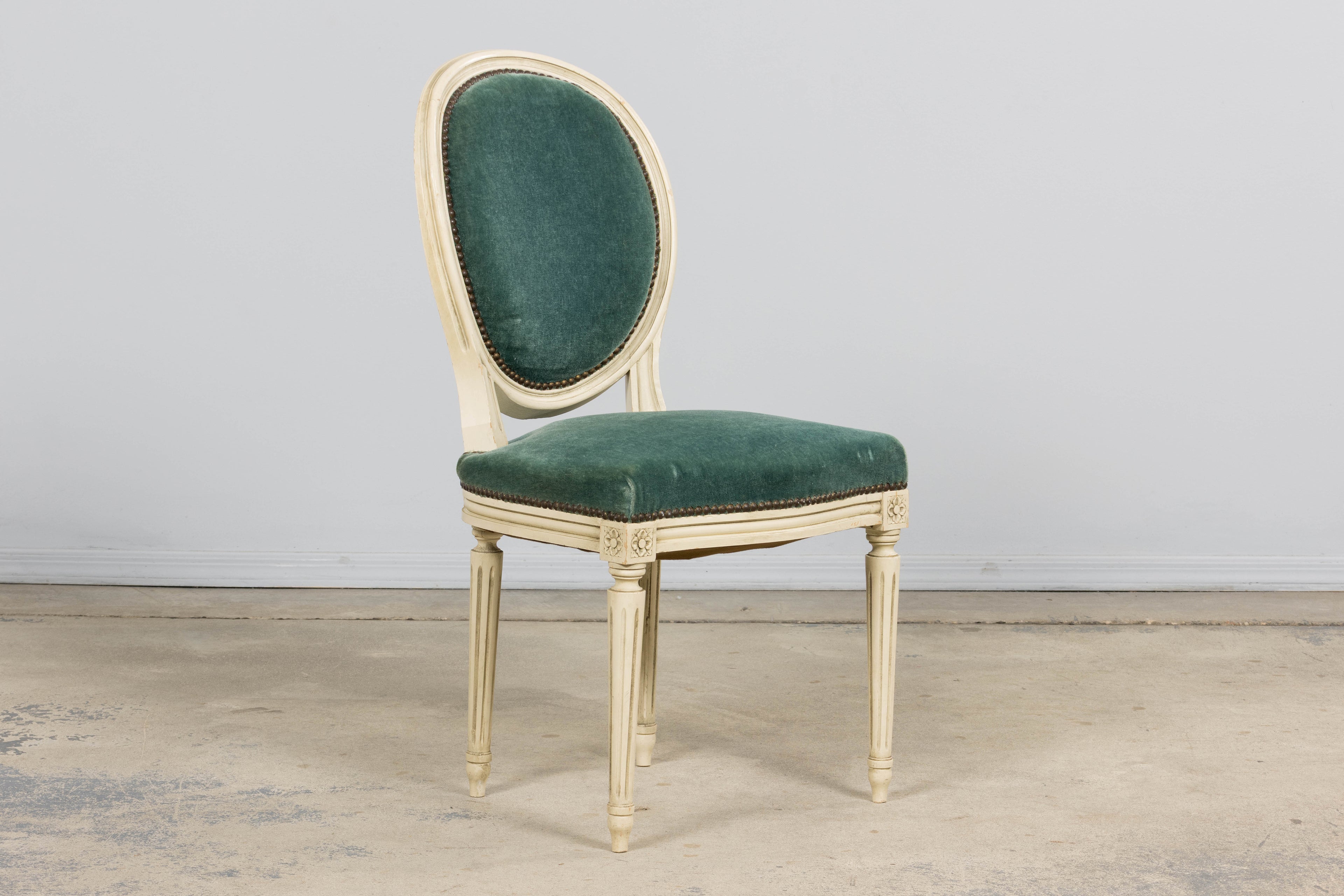 Antique French Louis XVI Style Painted Dining Chairs in Teal Mohair - Set of 8