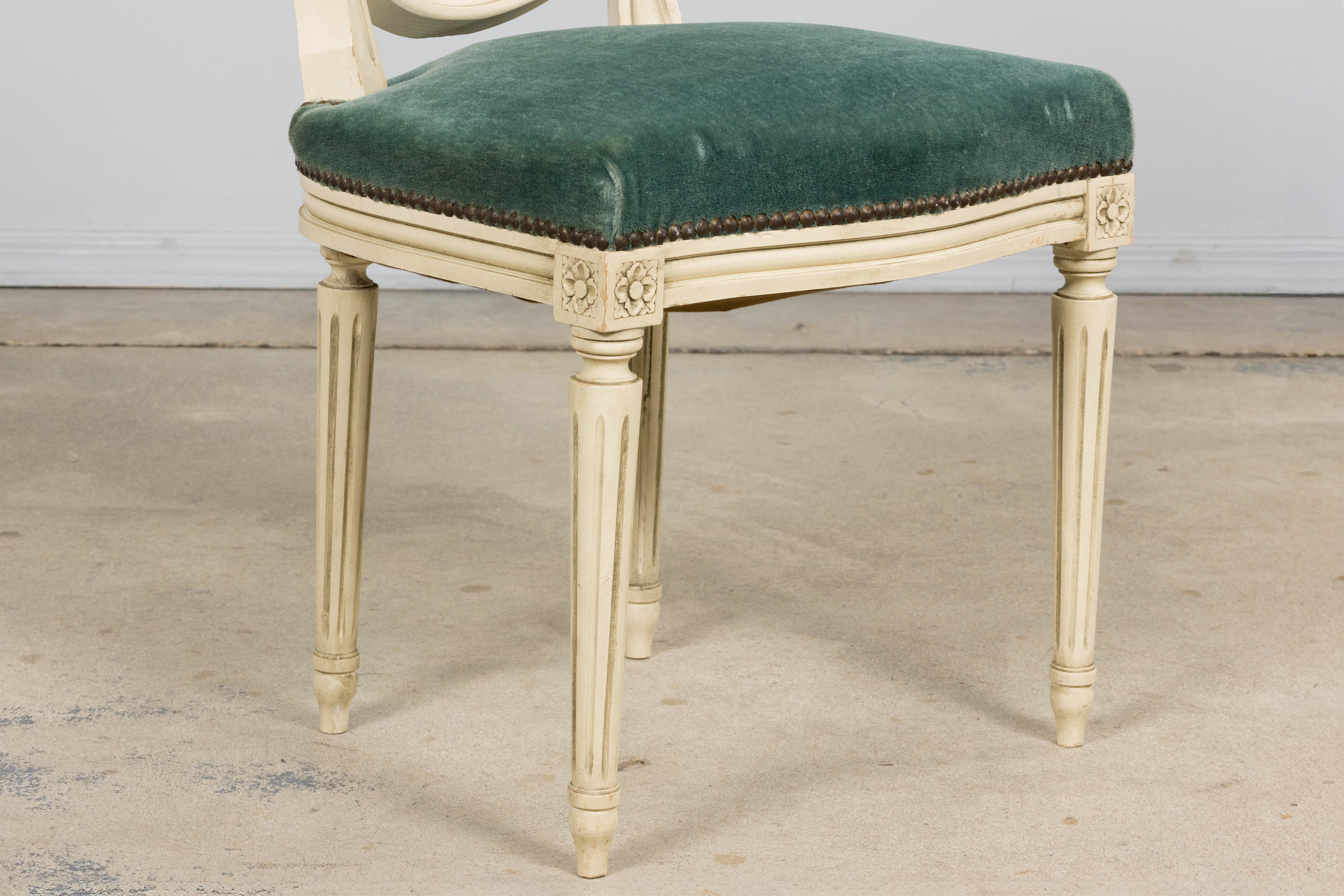 Antique French Louis XVI Style Painted Dining Chairs in Teal Mohair - Set of 8