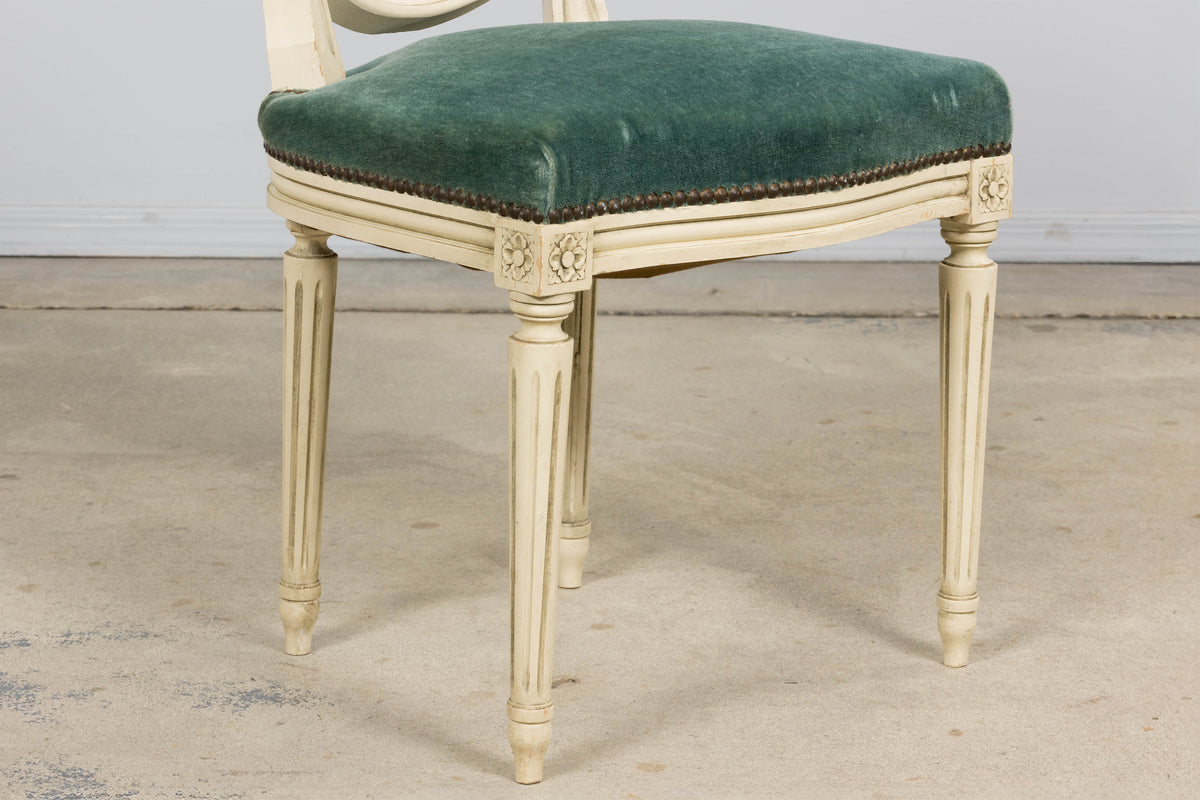 Antique French Louis XVI Style Painted Dining Chairs in Teal Mohair - Set of 8