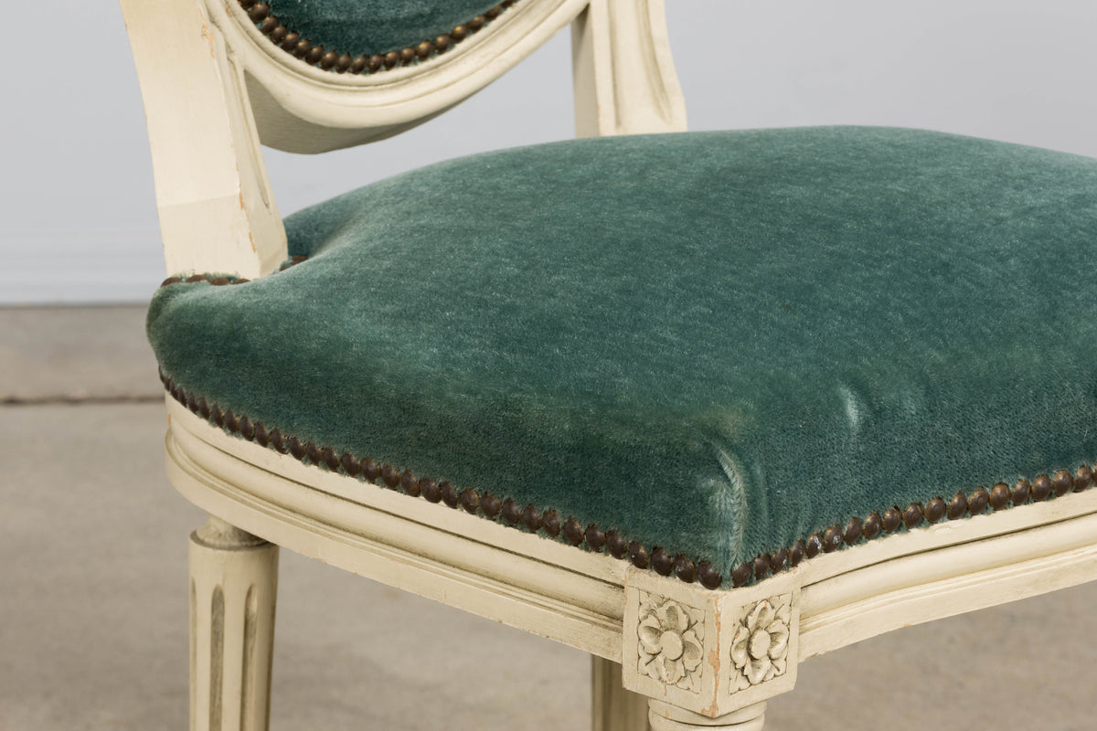 Antique French Louis XVI Style Painted Dining Chairs in Teal Mohair - Set of 8
