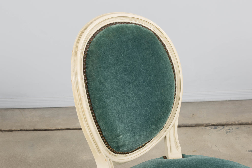 Antique French Louis XVI Style Painted Dining Chairs in Teal Mohair - Set of 8