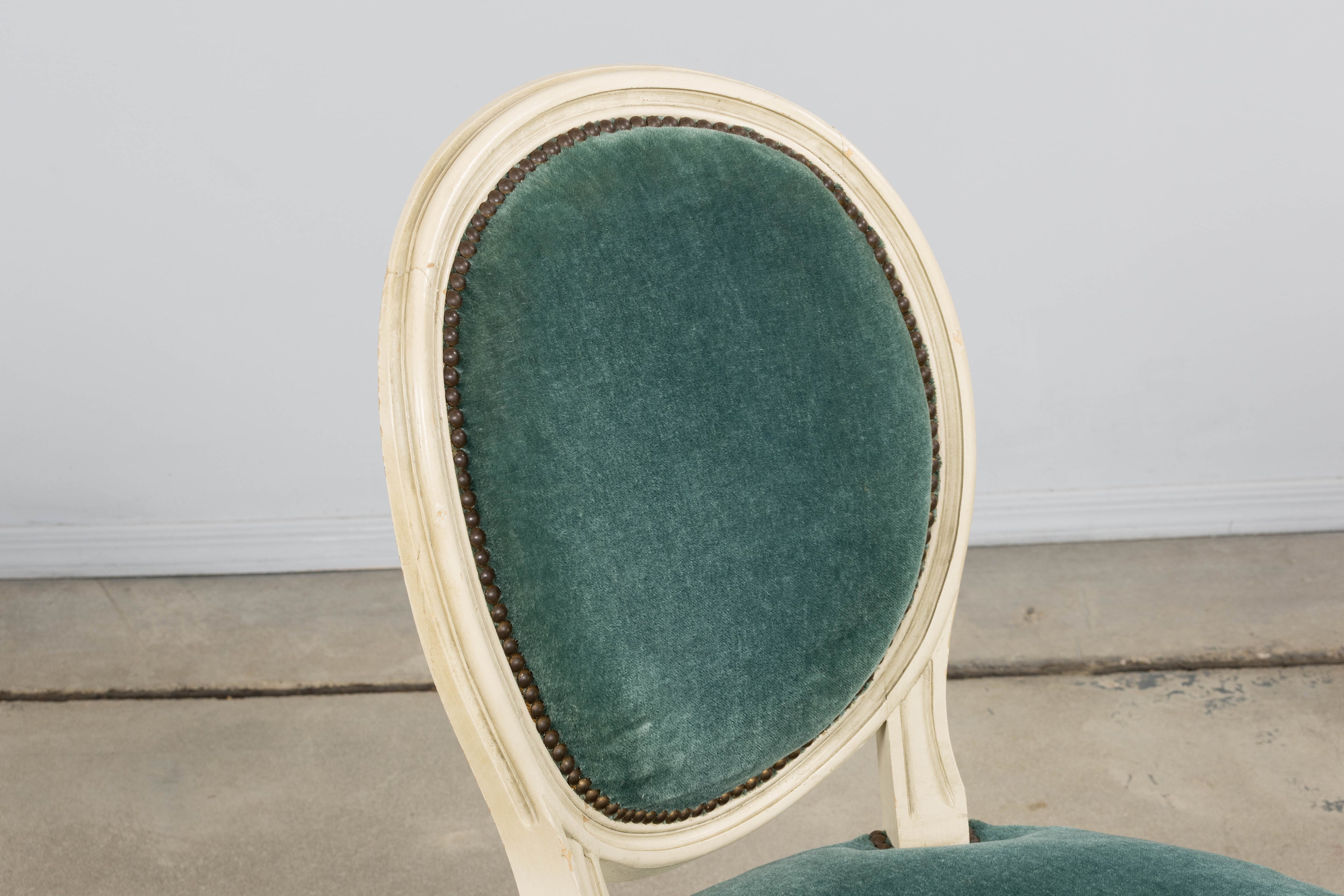 Antique French Louis XVI Style Painted Dining Chairs in Teal Mohair - Set of 8