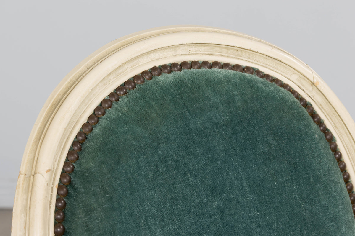Antique French Louis XVI Style Painted Dining Chairs in Teal Mohair - Set of 8
