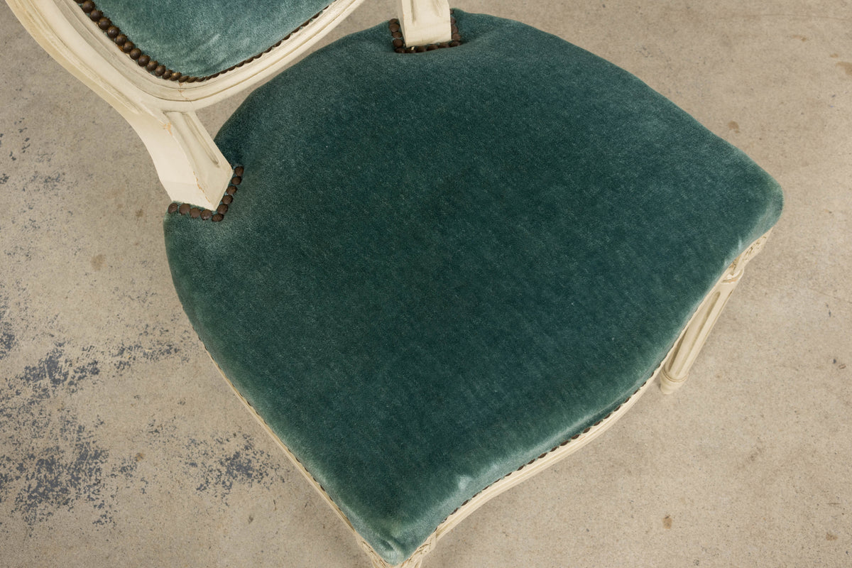 Antique French Louis XVI Style Painted Dining Chairs in Teal Mohair - Set of 8