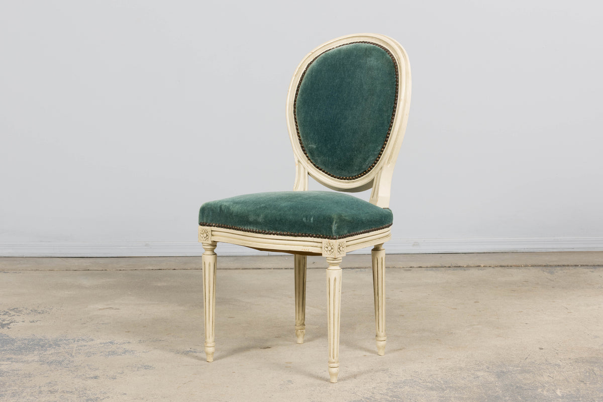 Antique French Louis XVI Style Painted Dining Chairs in Teal Mohair - Set of 8