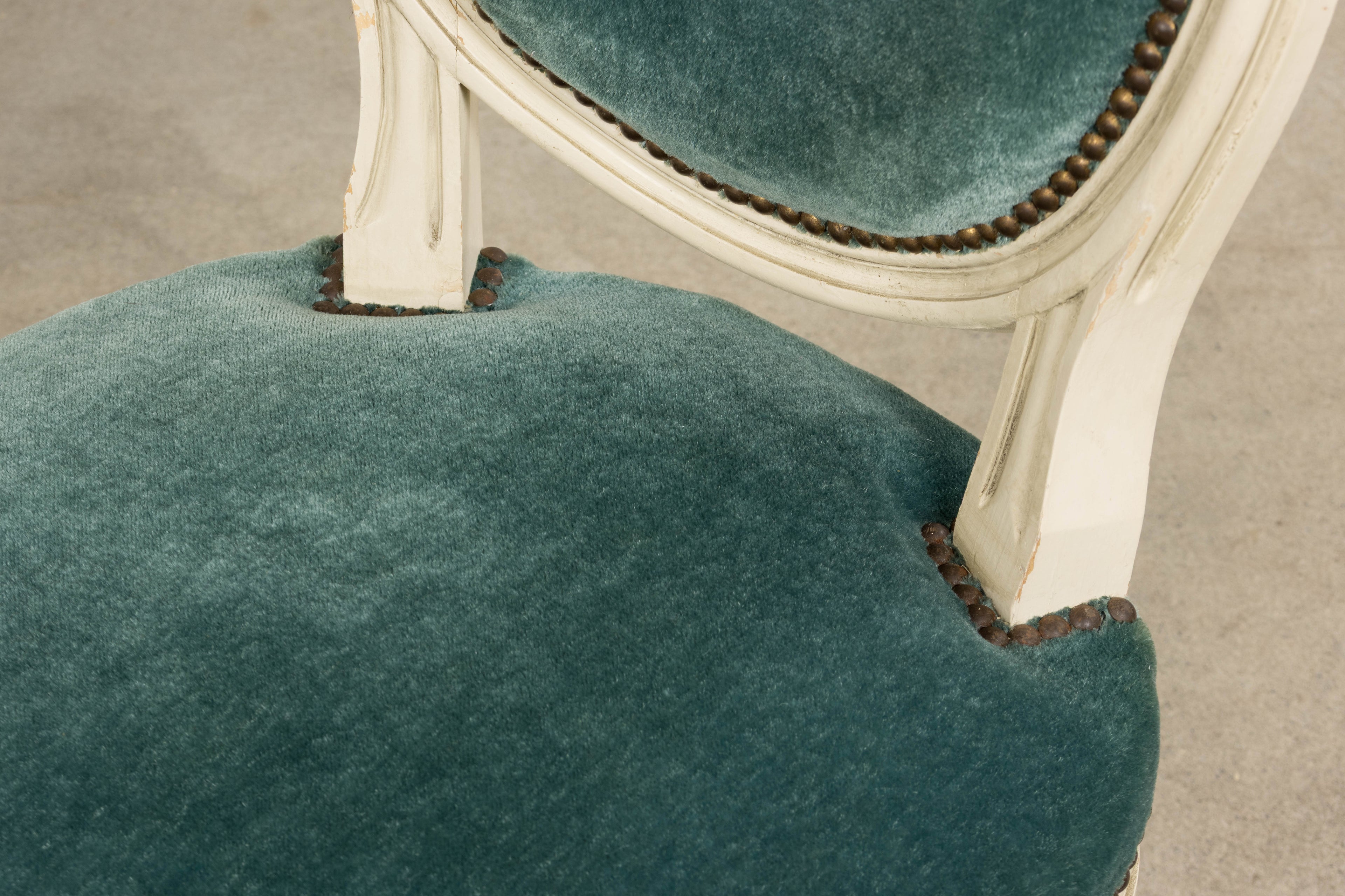 Antique French Louis XVI Style Painted Dining Chairs in Teal Mohair - Set of 8