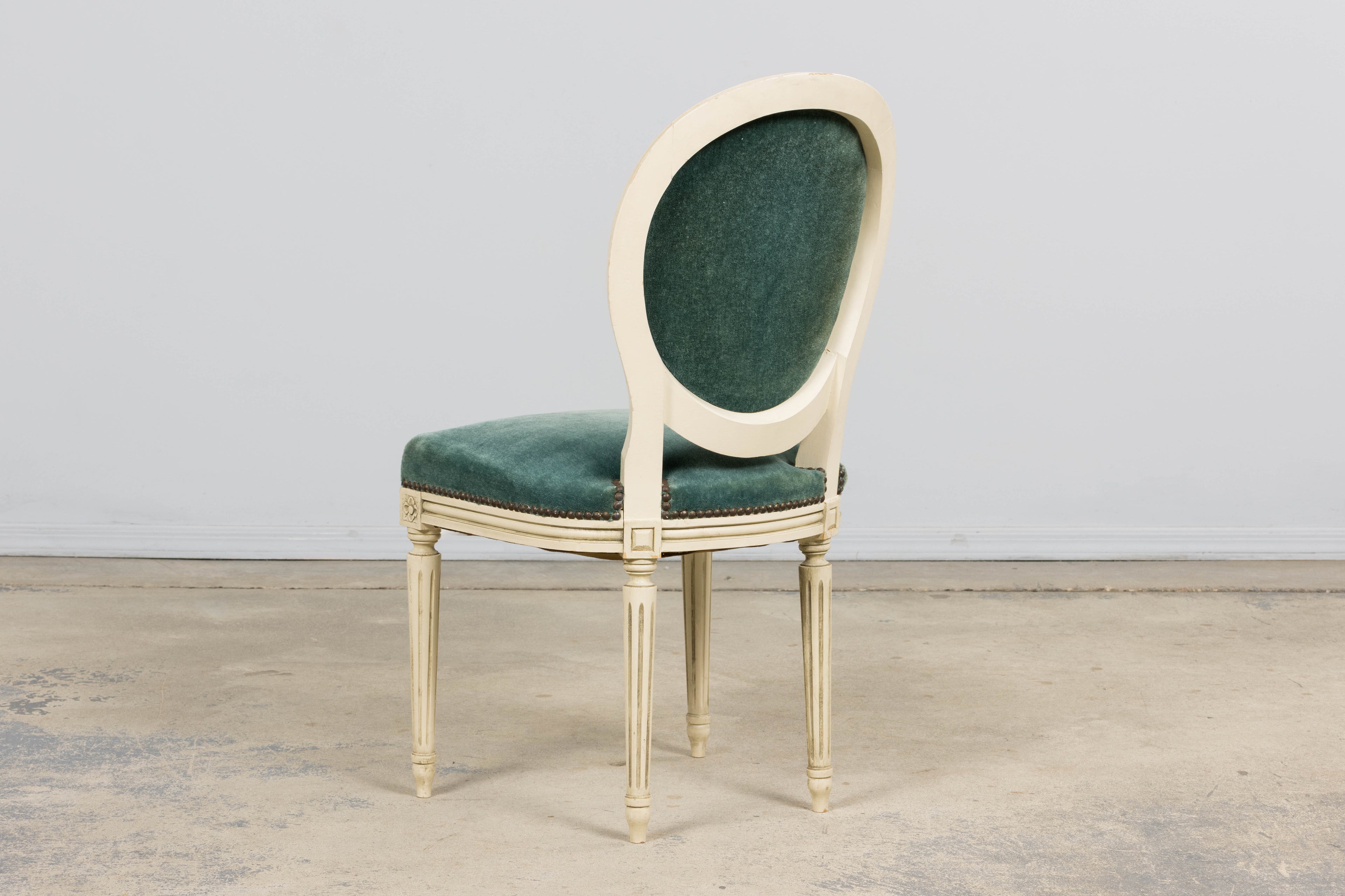 Antique French Louis XVI Style Painted Dining Chairs in Teal Mohair - Set of 8