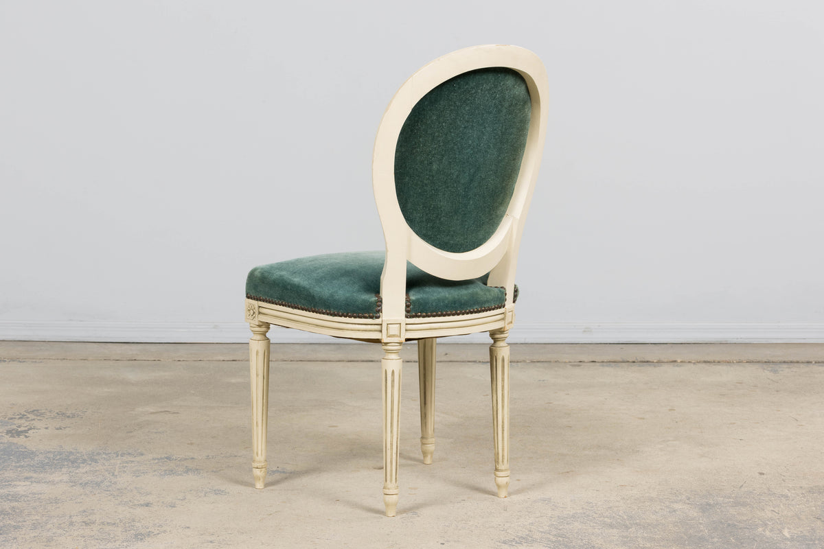Antique French Louis XVI Style Painted Dining Chairs in Teal Mohair - Set of 8
