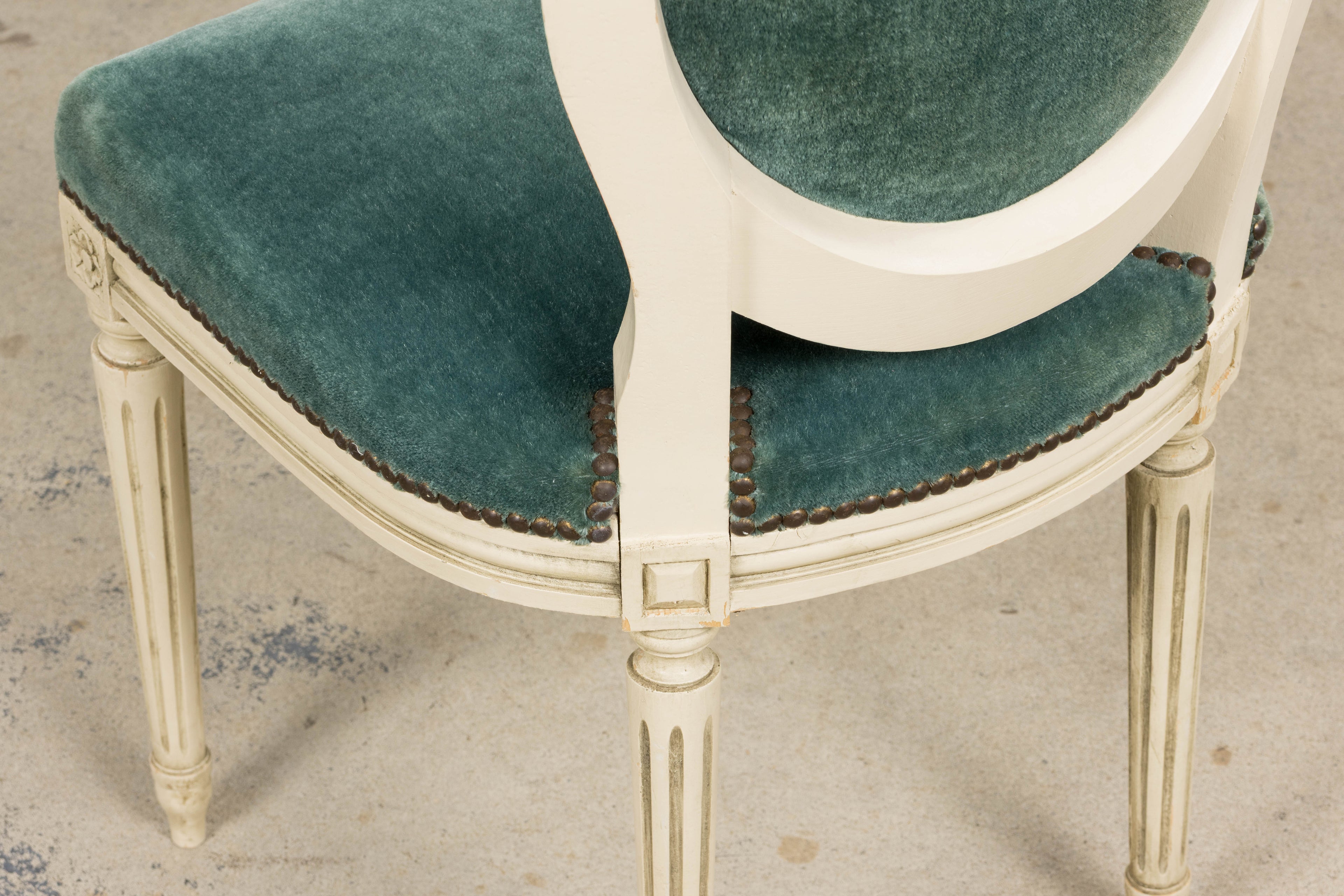 Antique French Louis XVI Style Painted Dining Chairs in Teal Mohair - Set of 8