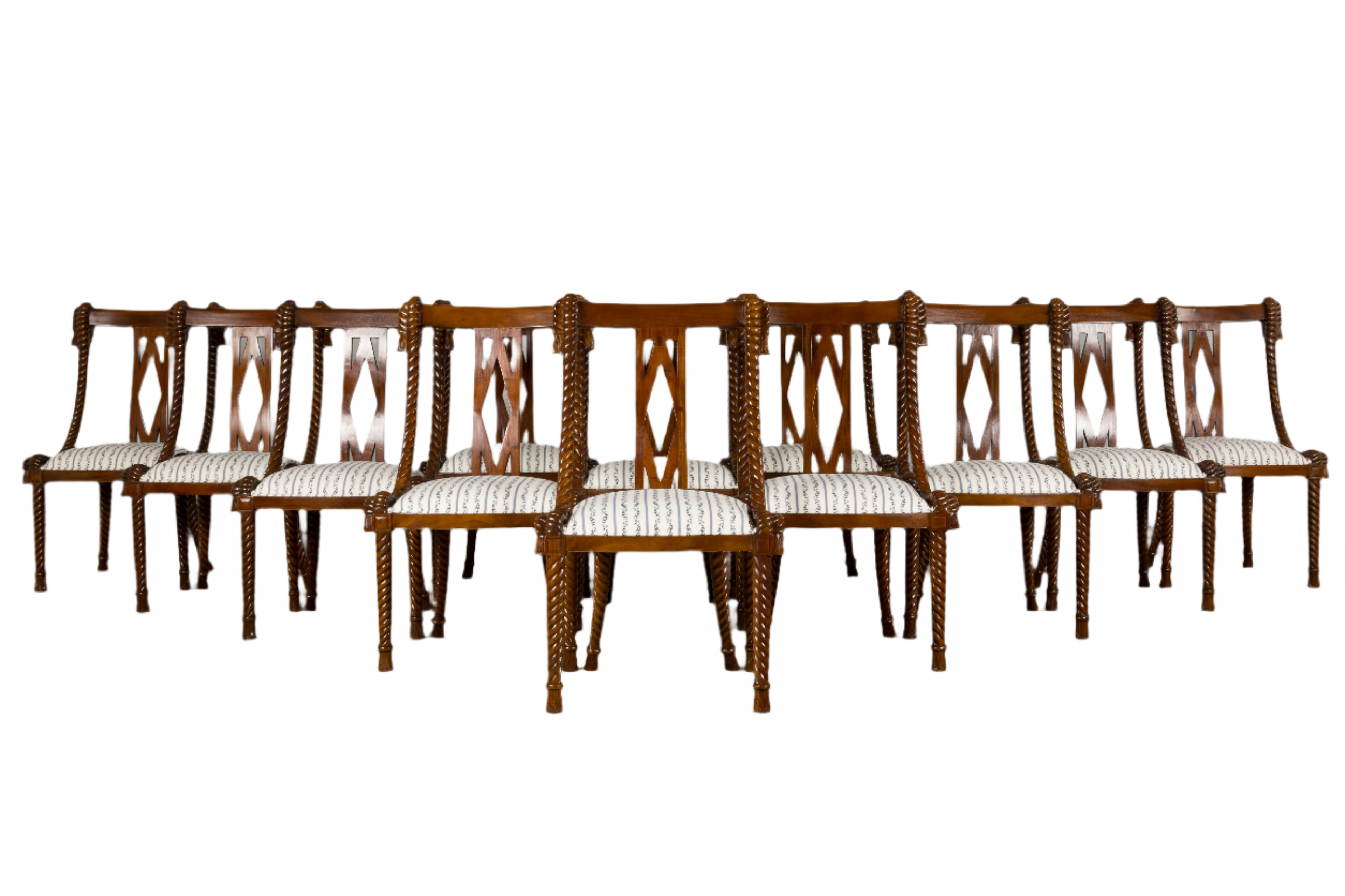 Napoleon III Style Faux Rope Mahogany Gondola Dining Chairs In Caspian Blue Stripe - Set of 12