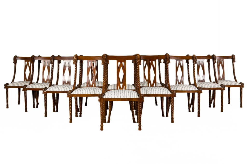 Napoleon III Style Faux Rope Mahogany Gondola Dining Chairs In Caspian Blue Stripe - Set of 12