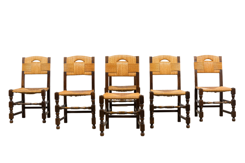 Antique French Provincial Oak Rush Seat Dining Chairs - Set of 6