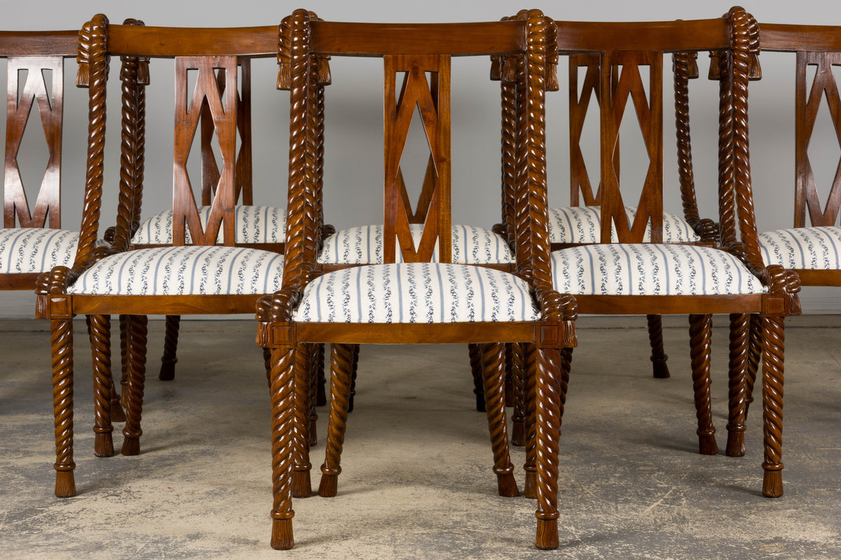Napoleon III Style Faux Rope Mahogany Gondola Dining Chairs In Caspian Blue Stripe - Set of 12