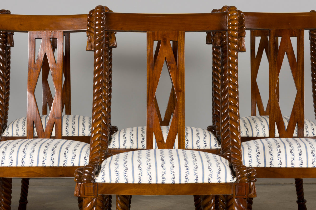 Napoleon III Style Faux Rope Mahogany Gondola Dining Chairs In Caspian Blue Stripe - Set of 12