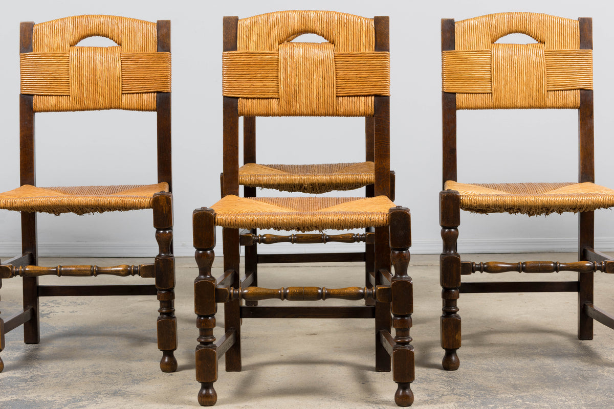Antique French Provincial Oak Rush Seat Dining Chairs - Set of 6