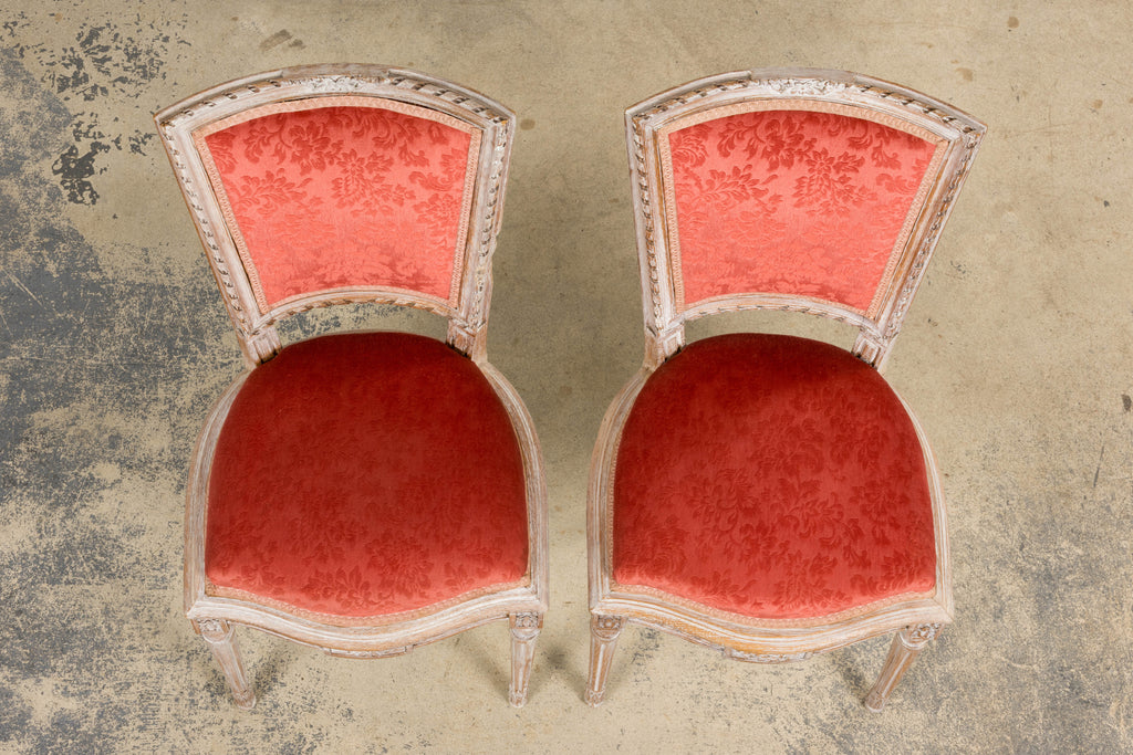 Antique French Louis XVI Style Painted Side Chairs W/ Red Velvet Damask – A Pair