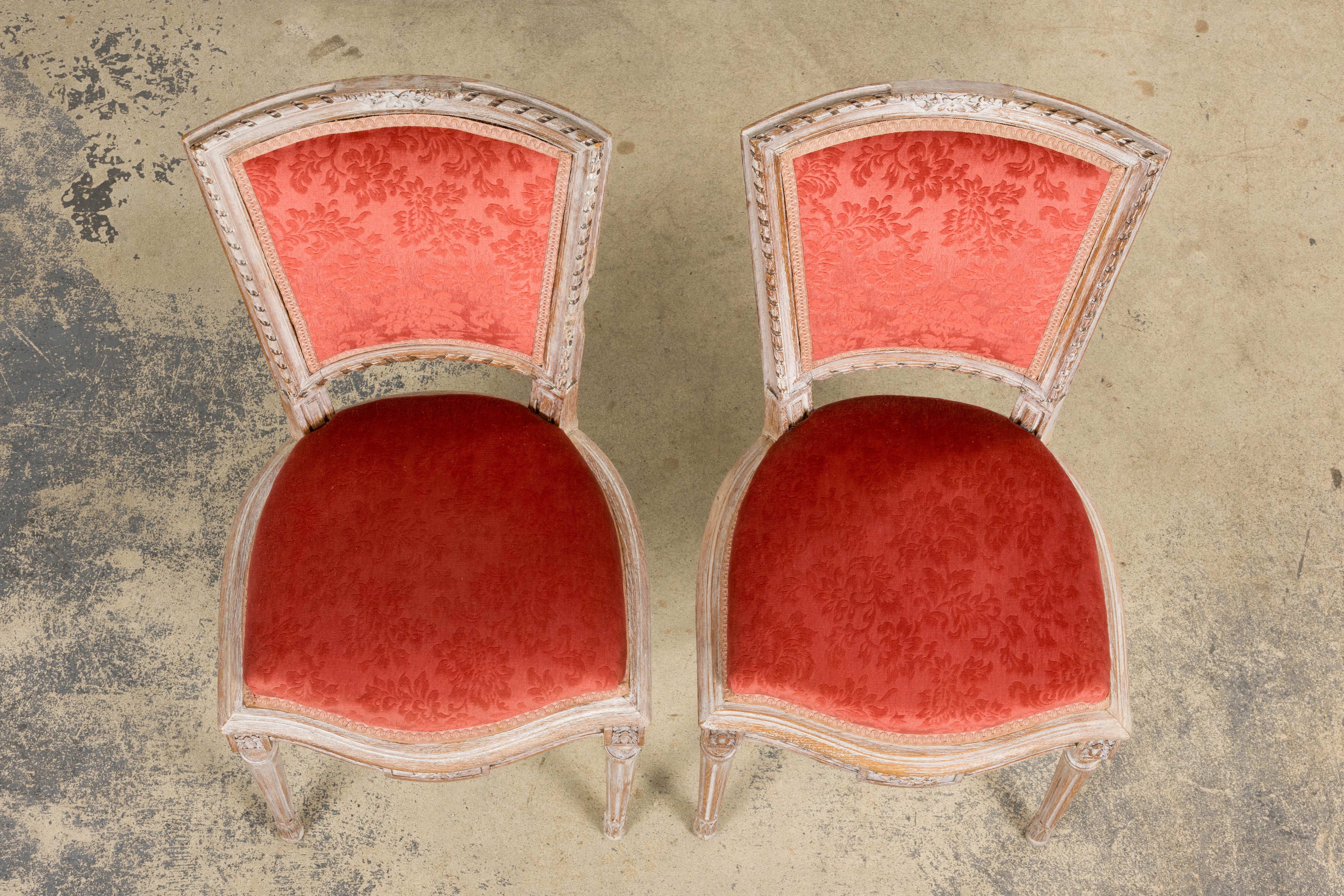 Antique French Louis XVI Style Painted Side Chairs W/ Red Velvet Damask – A Pair