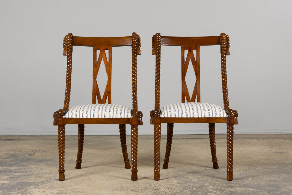 Napoleon III Style Faux Rope Mahogany Gondola Dining Chairs In Caspian Blue Stripe - Set of 12