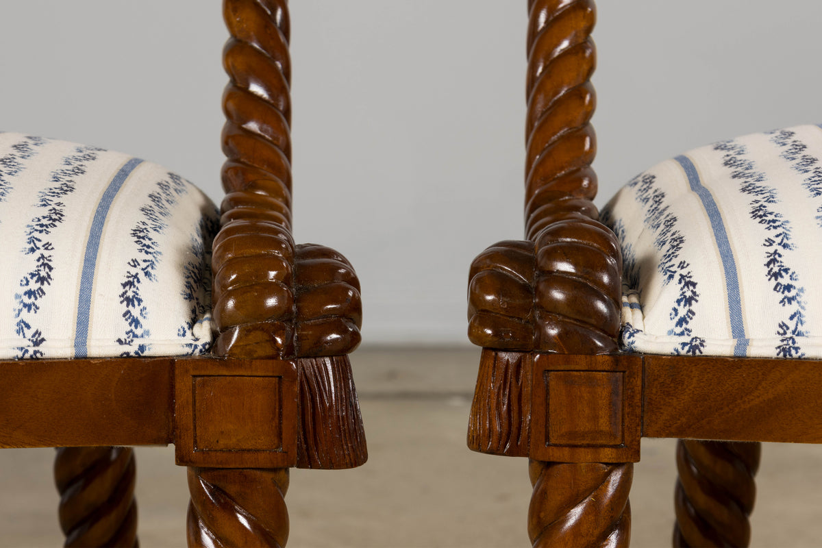 Napoleon III Style Faux Rope Mahogany Gondola Dining Chairs In Caspian Blue Stripe - Set of 12
