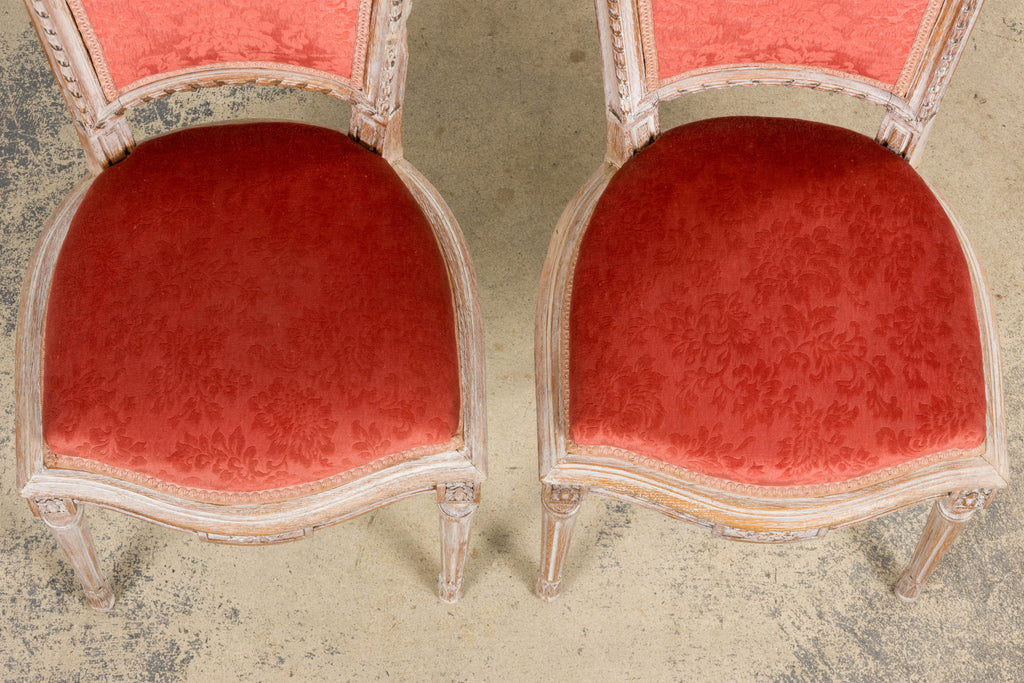 Antique French Louis XVI Style Painted Side Chairs W/ Red Velvet Damask – A Pair