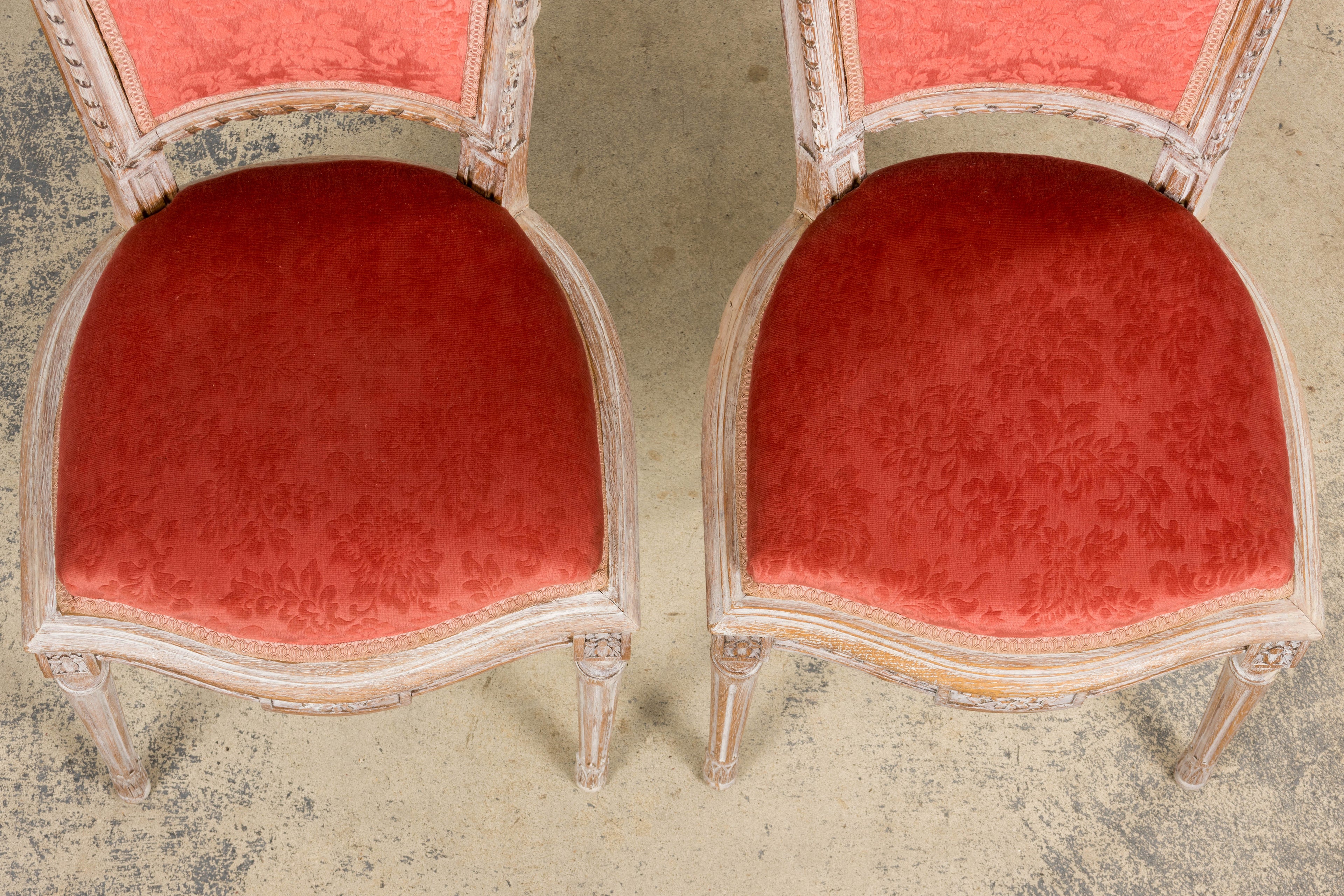 Antique French Louis XVI Style Painted Side Chairs W/ Red Velvet Damask – A Pair