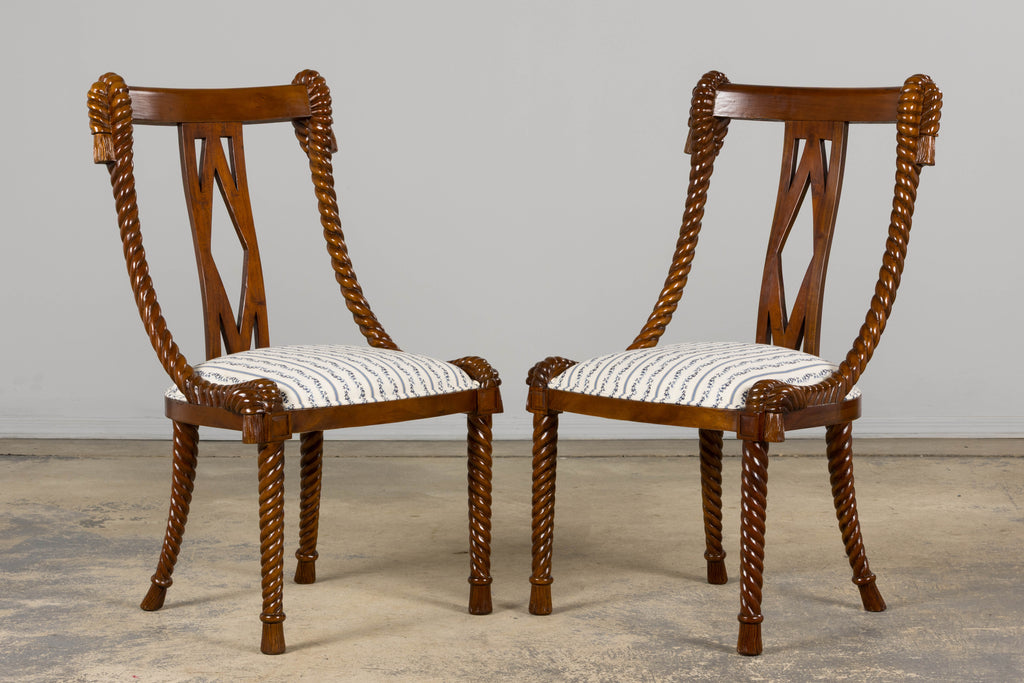 Napoleon III Style Faux Rope Mahogany Gondola Dining Chairs In Caspian Blue Stripe - Set of 12