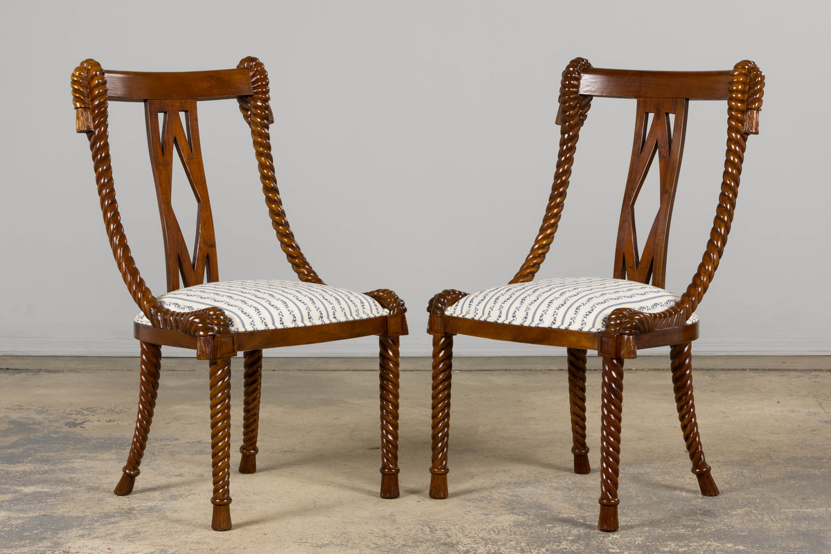 Napoleon III Style Faux Rope Mahogany Gondola Dining Chairs In Caspian Blue Stripe - Set of 12
