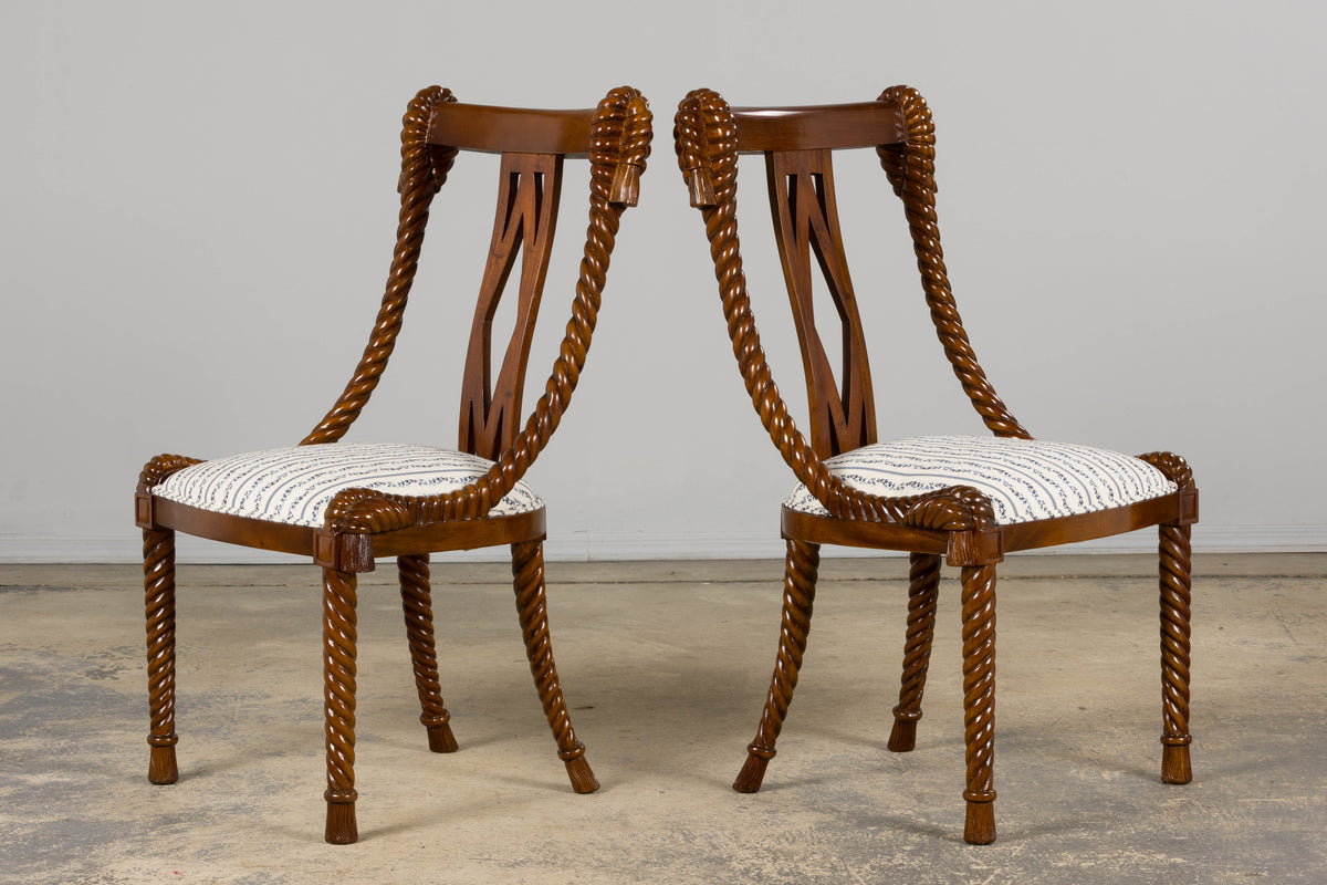 Napoleon III Style Faux Rope Mahogany Gondola Dining Chairs In Caspian Blue Stripe - Set of 12