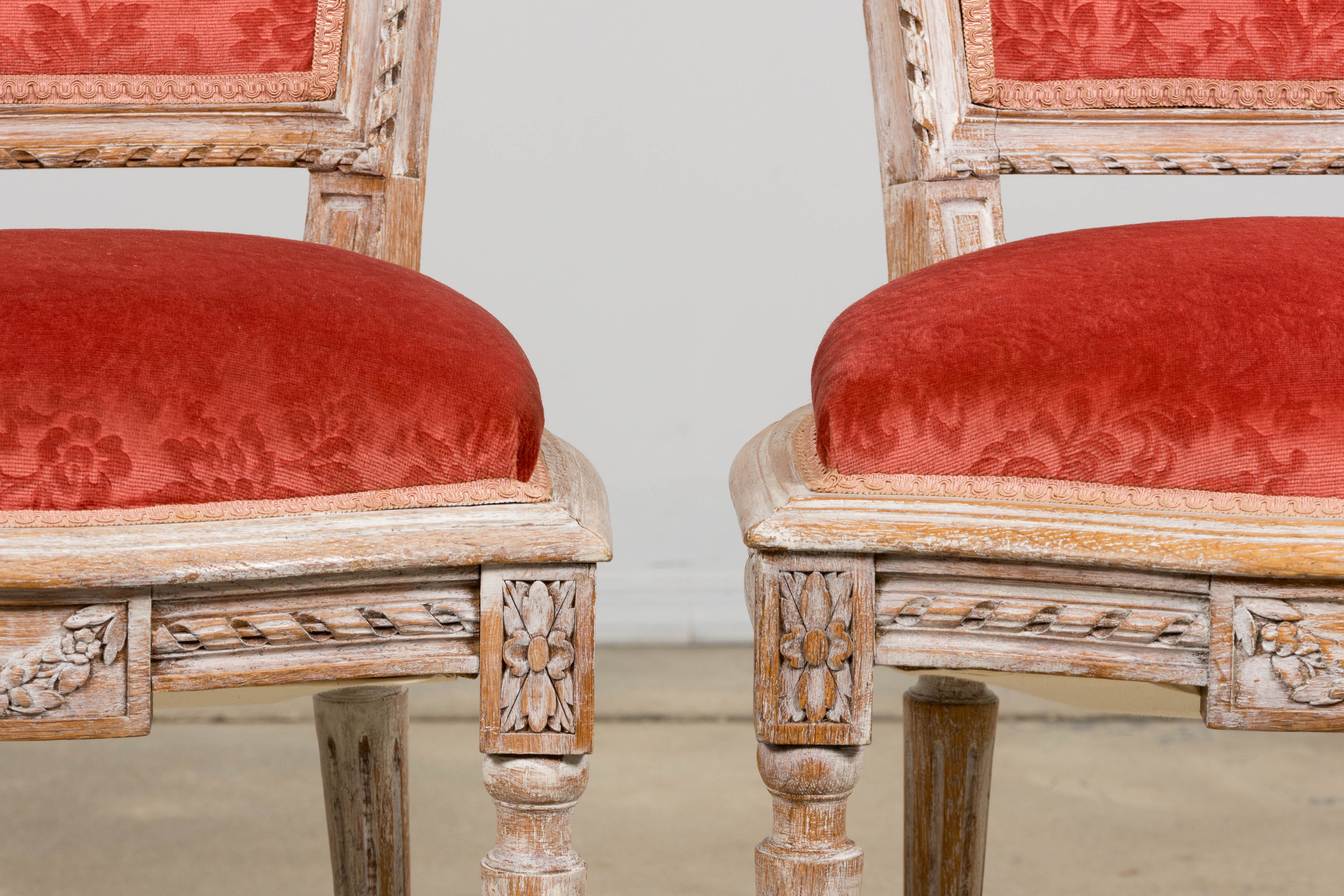 Antique French Louis XVI Style Painted Side Chairs W/ Red Velvet Damask – A Pair