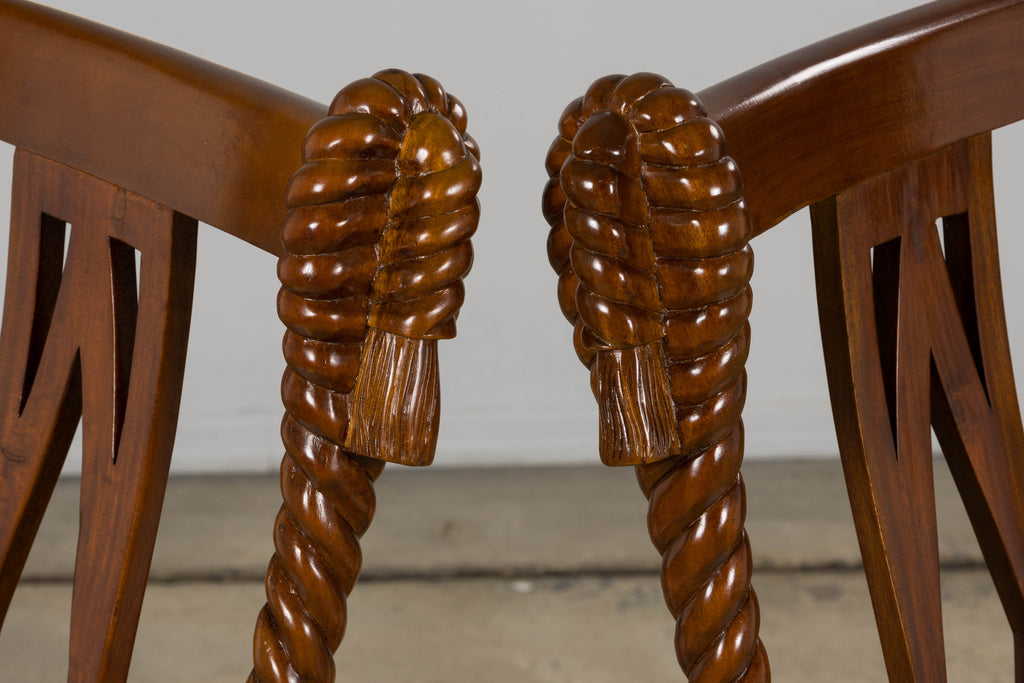 Napoleon III Style Faux Rope Mahogany Gondola Dining Chairs In Caspian Blue Stripe - Set of 12