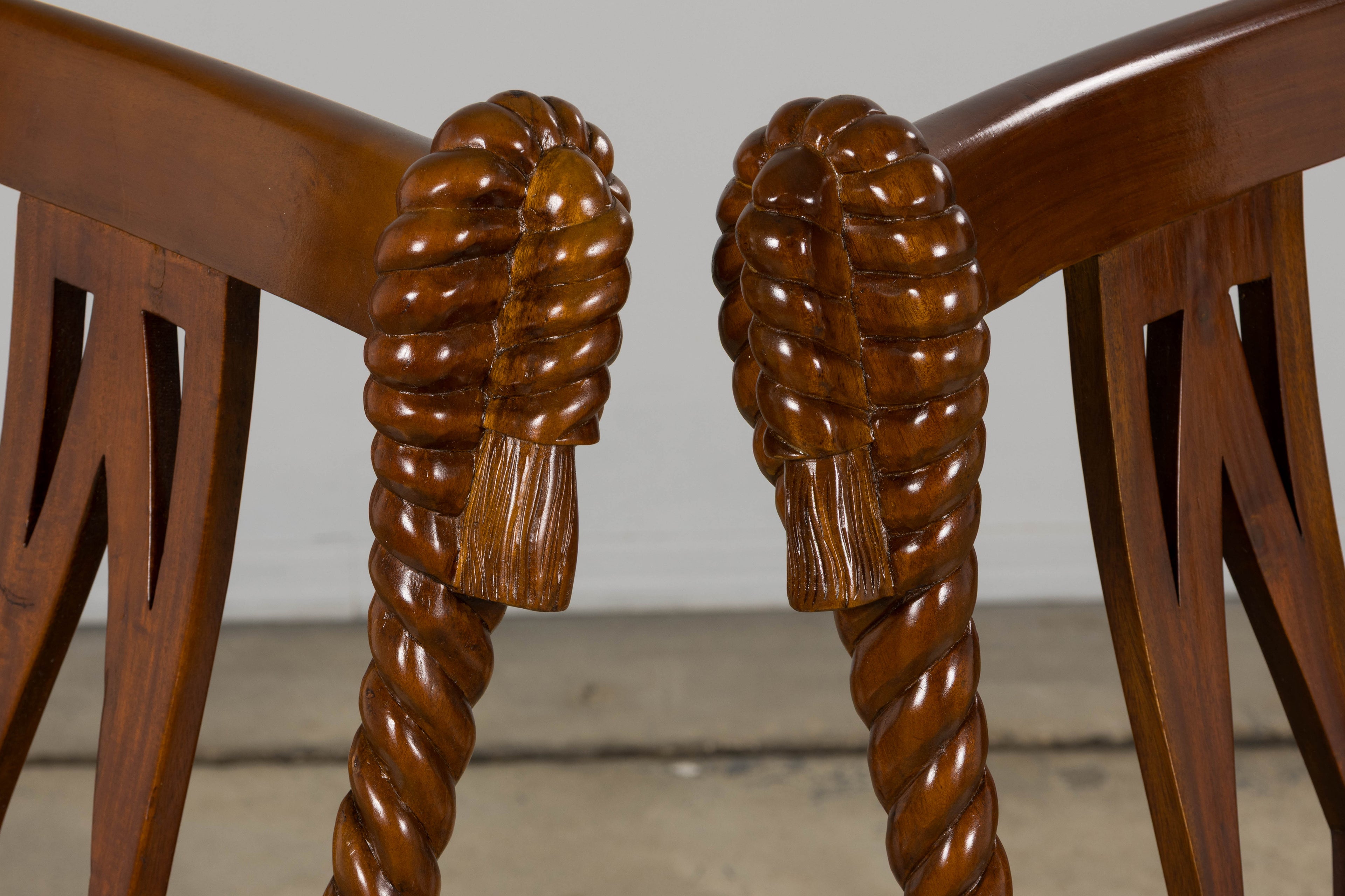 Napoleon III Style Faux Rope Mahogany Gondola Dining Chairs In Caspian Blue Stripe - Set of 12