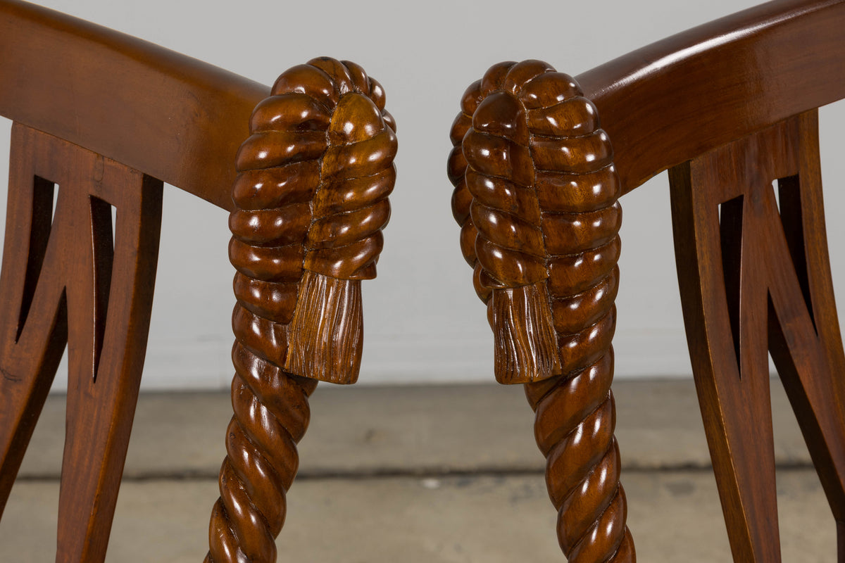 Napoleon III Style Faux Rope Mahogany Gondola Dining Chairs In Caspian Blue Stripe - Set of 12