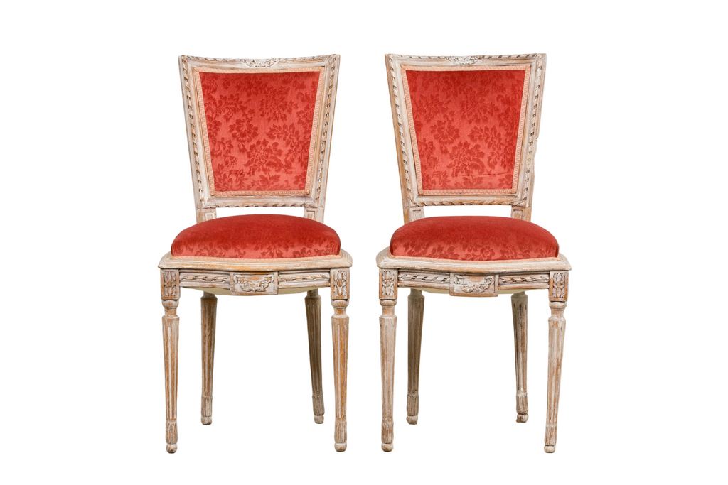 Antique French Louis XVI Style Painted Side Chairs W/ Red Velvet Damask – A Pair