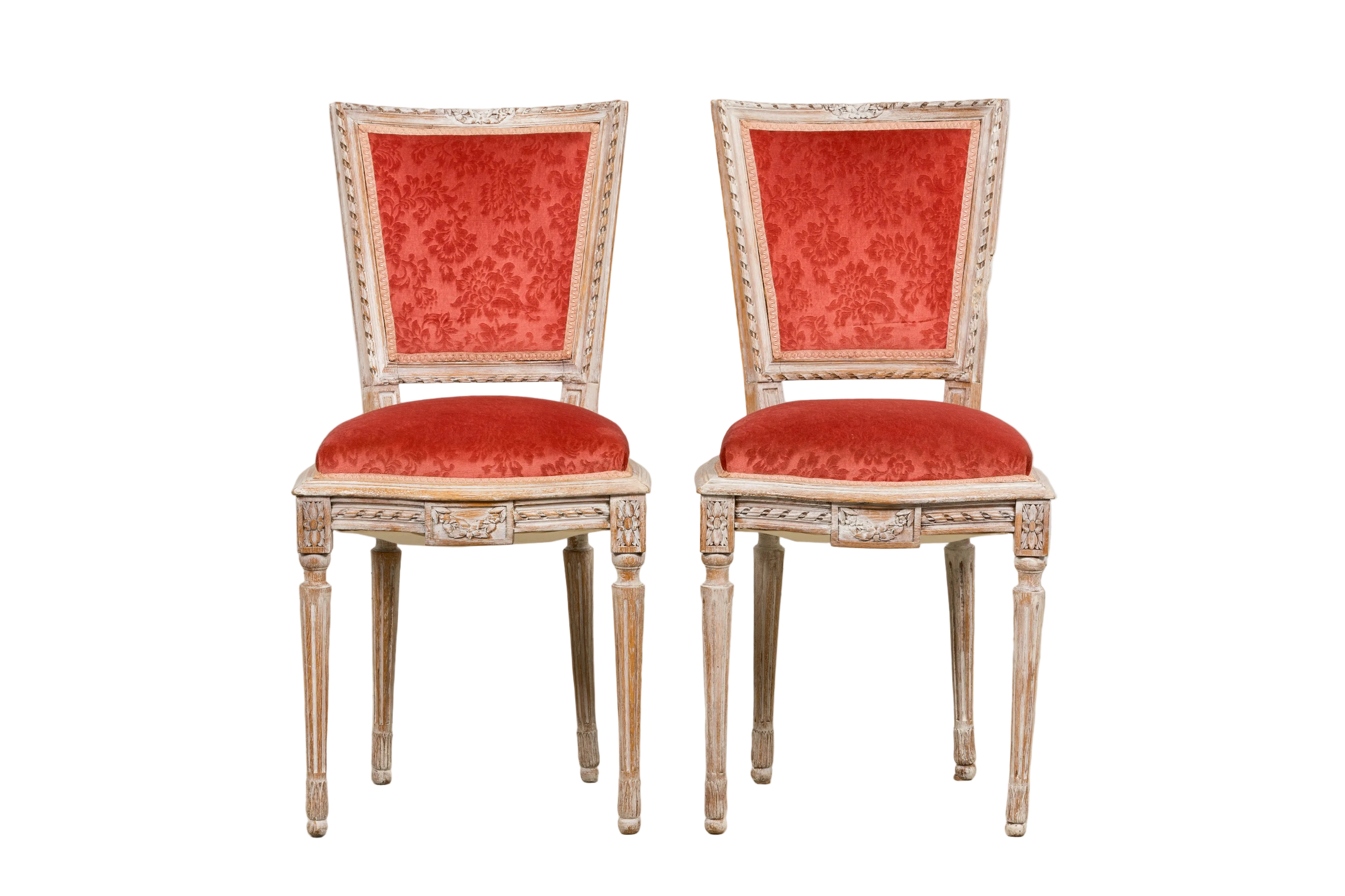 Antique French Louis XVI Style Painted Side Chairs W/ Red Velvet Damask – A Pair