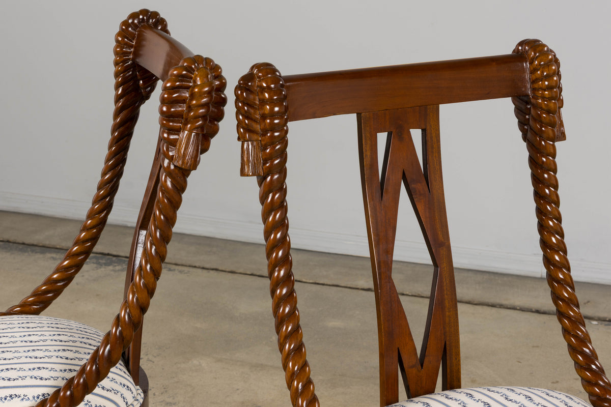 Napoleon III Style Faux Rope Mahogany Gondola Dining Chairs In Caspian Blue Stripe - Set of 12