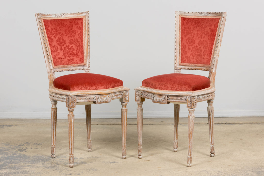 Antique French Louis XVI Style Painted Side Chairs W/ Red Velvet Damask – A Pair