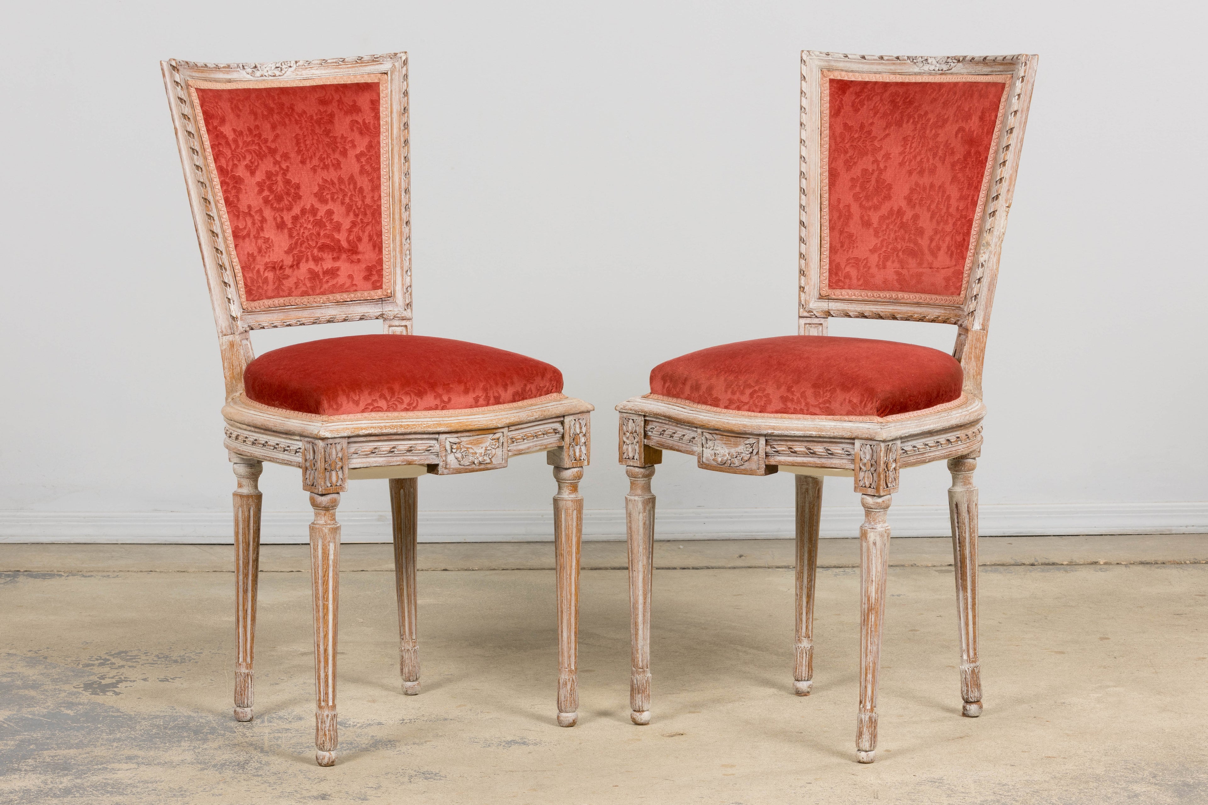 Antique French Louis XVI Style Painted Side Chairs W/ Red Velvet Damask – A Pair