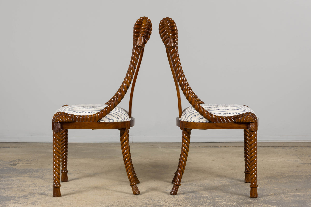 Napoleon III Style Faux Rope Mahogany Gondola Dining Chairs In Caspian Blue Stripe - Set of 12