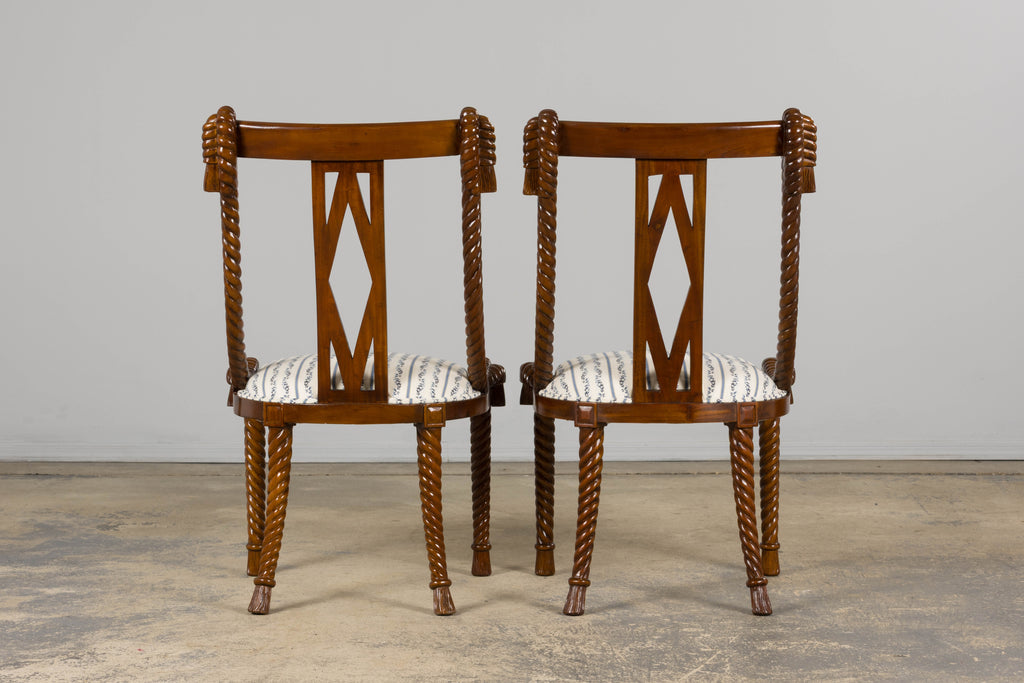 Napoleon III Style Faux Rope Mahogany Gondola Dining Chairs In Caspian Blue Stripe - Set of 12