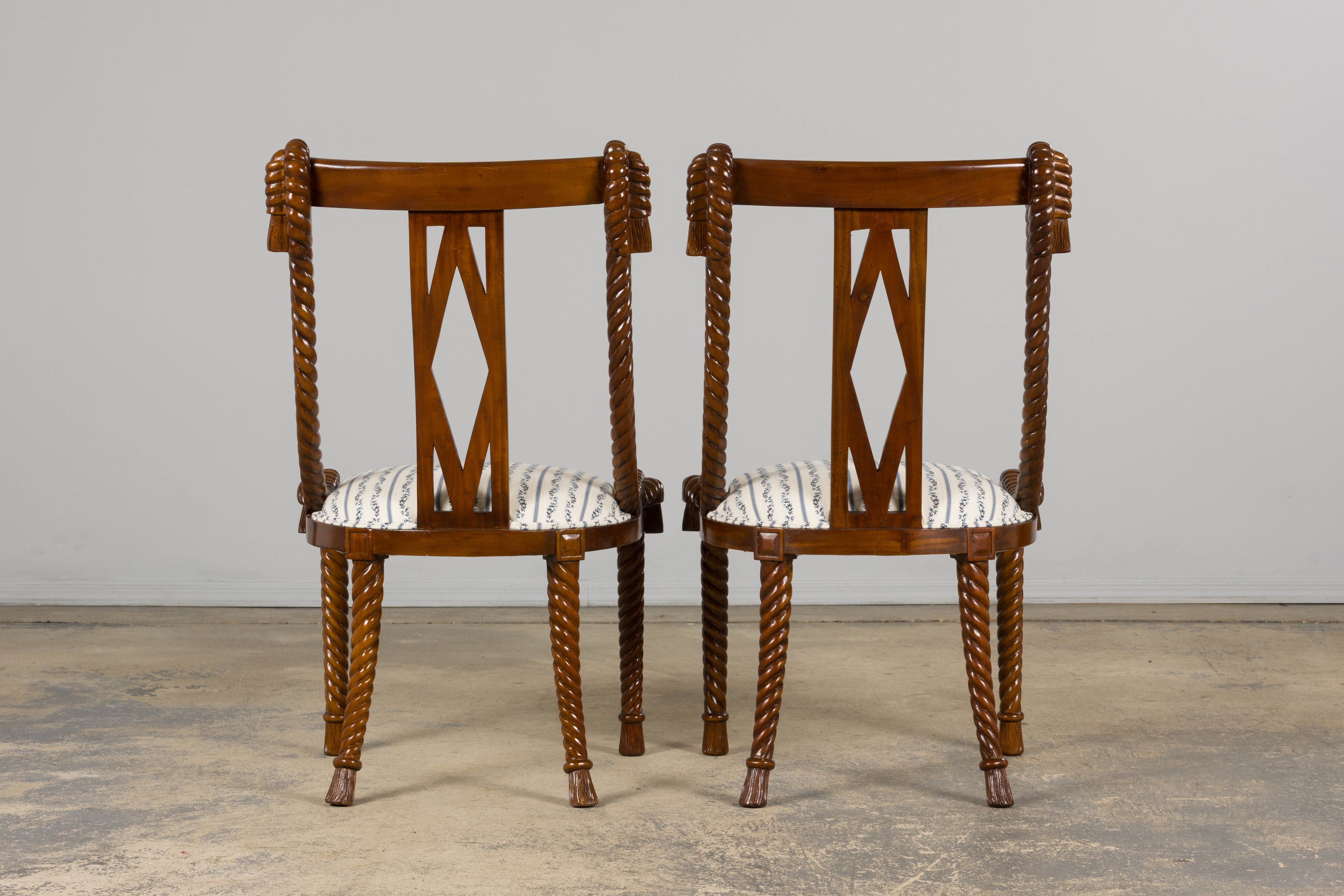 Napoleon III Style Faux Rope Mahogany Gondola Dining Chairs In Caspian Blue Stripe - Set of 12