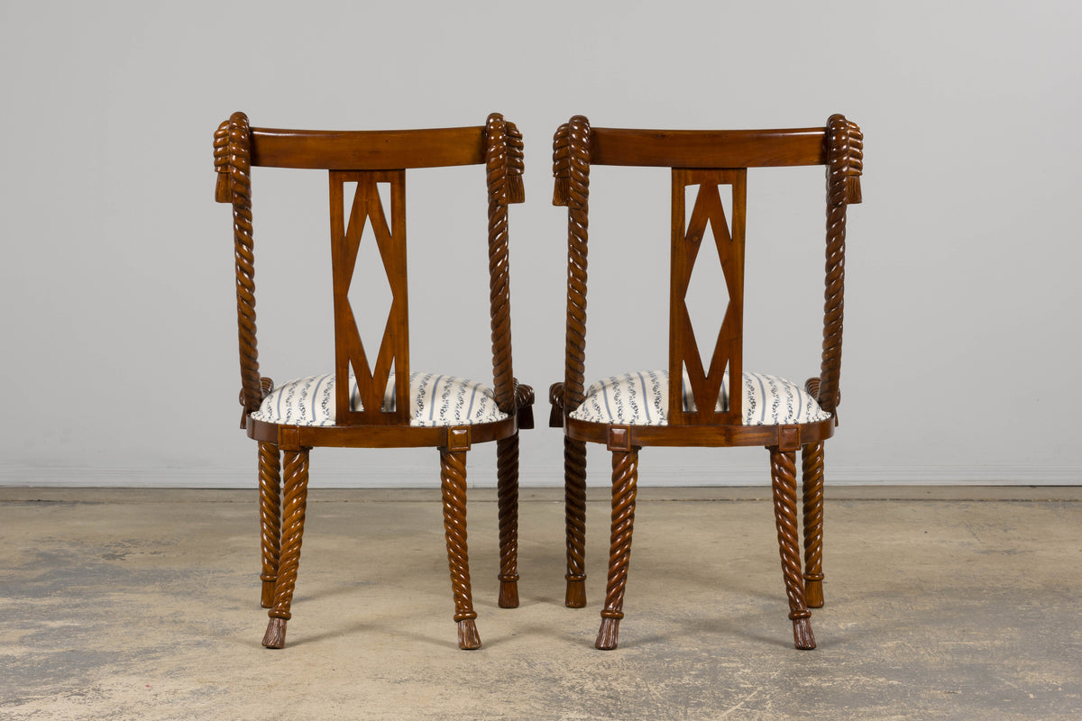 Napoleon III Style Faux Rope Mahogany Gondola Dining Chairs In Caspian Blue Stripe - Set of 12