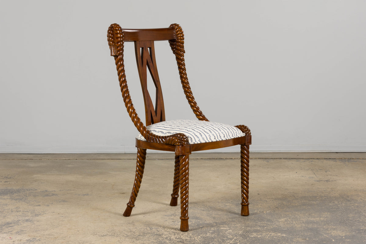 Napoleon III Style Faux Rope Mahogany Gondola Dining Chairs In Caspian Blue Stripe - Set of 12