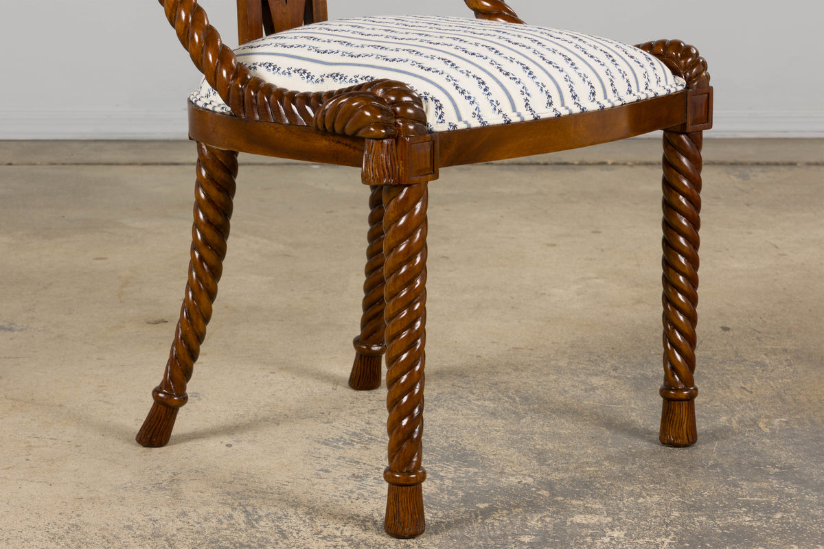 Napoleon III Style Faux Rope Mahogany Gondola Dining Chairs In Caspian Blue Stripe - Set of 12