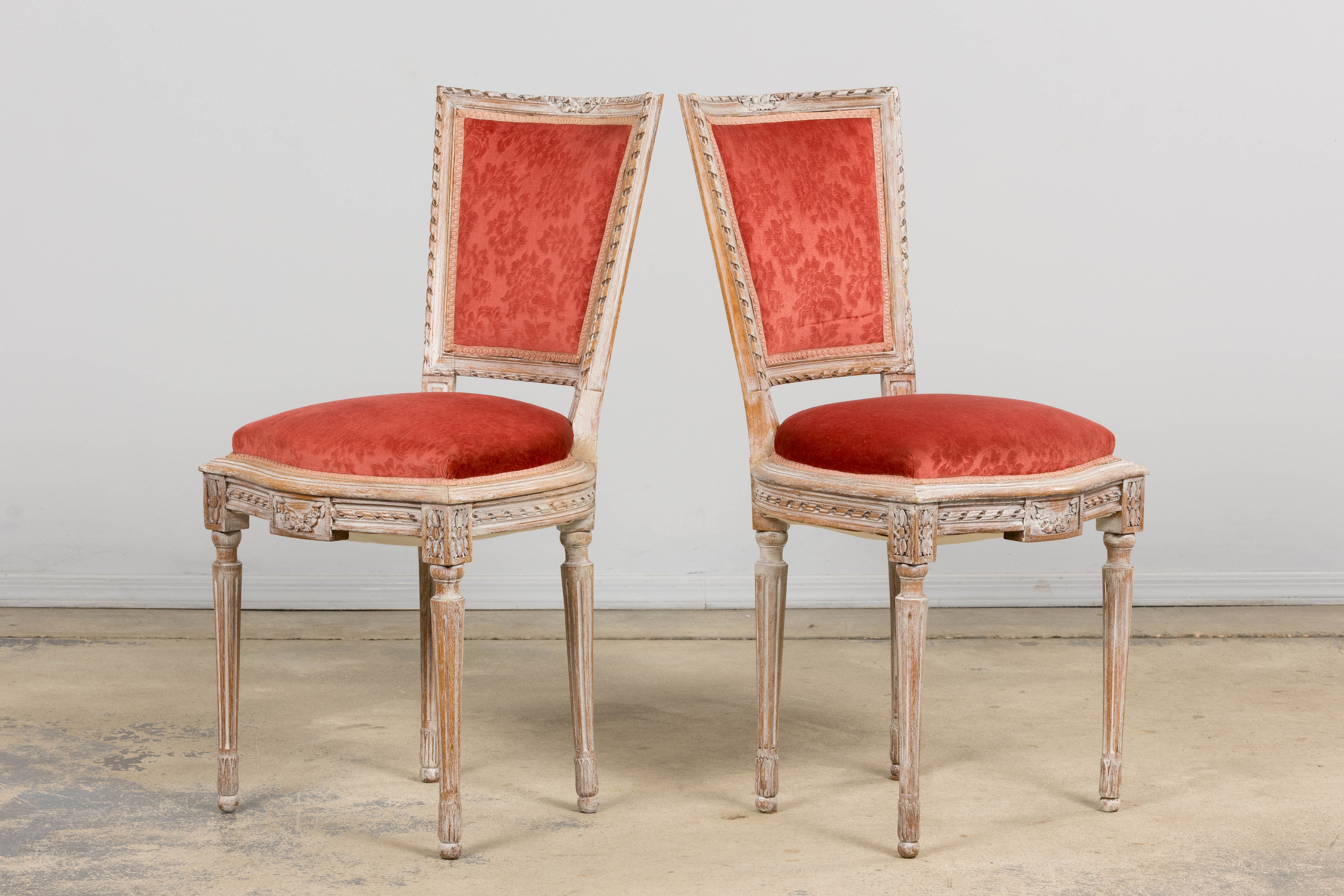 Antique French Louis XVI Style Painted Side Chairs W/ Red Velvet Damask – A Pair